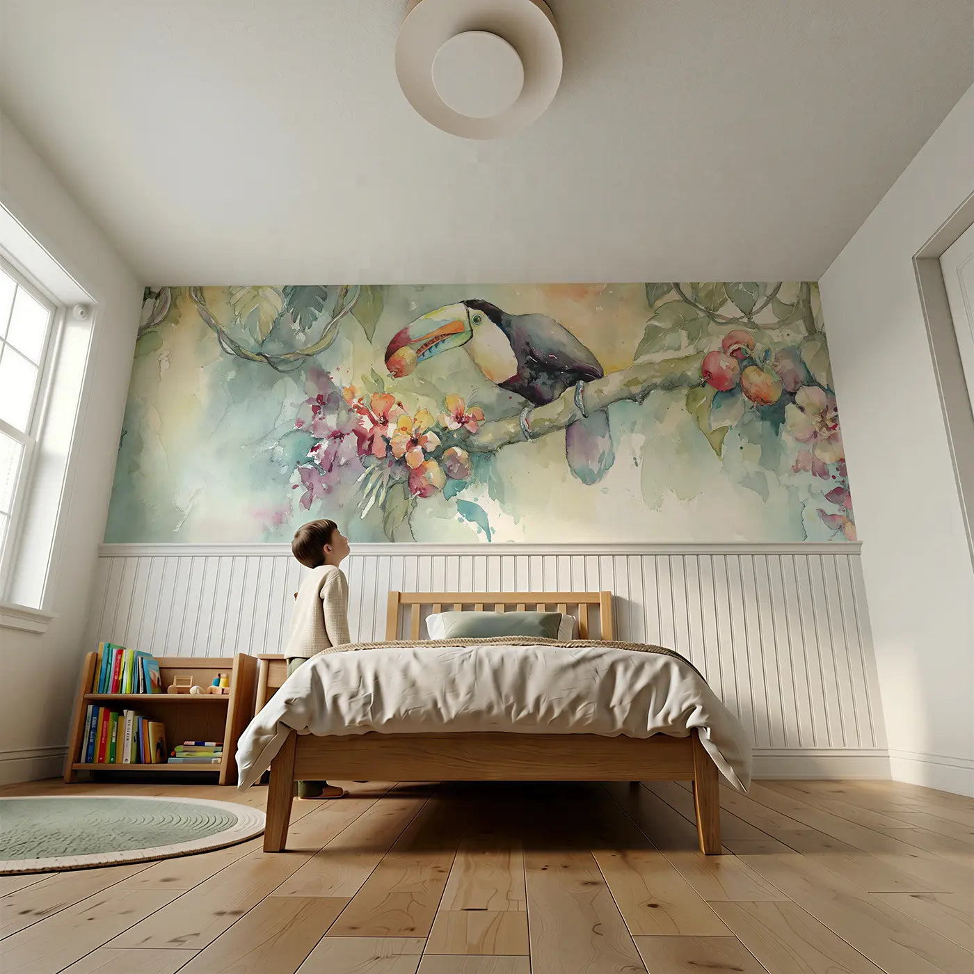 Child reading near Toucan Rainforest Fruit Morning Wainscoting Wallpaper by Whimsy Tots
