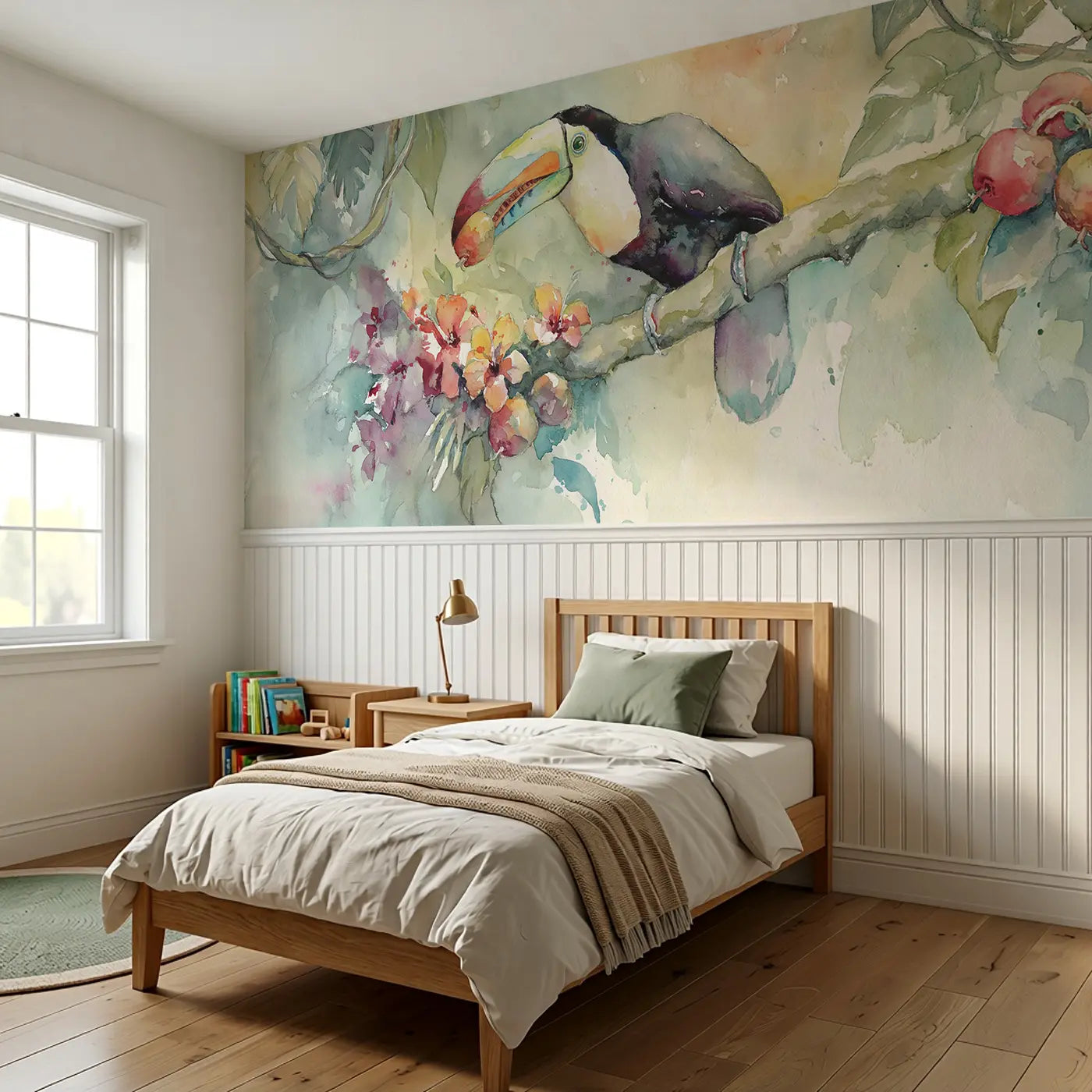 Toucan Rainforest Fruit Morning Wainscoting Wallpaper styled in a kids bedroom by Whimsy Tots