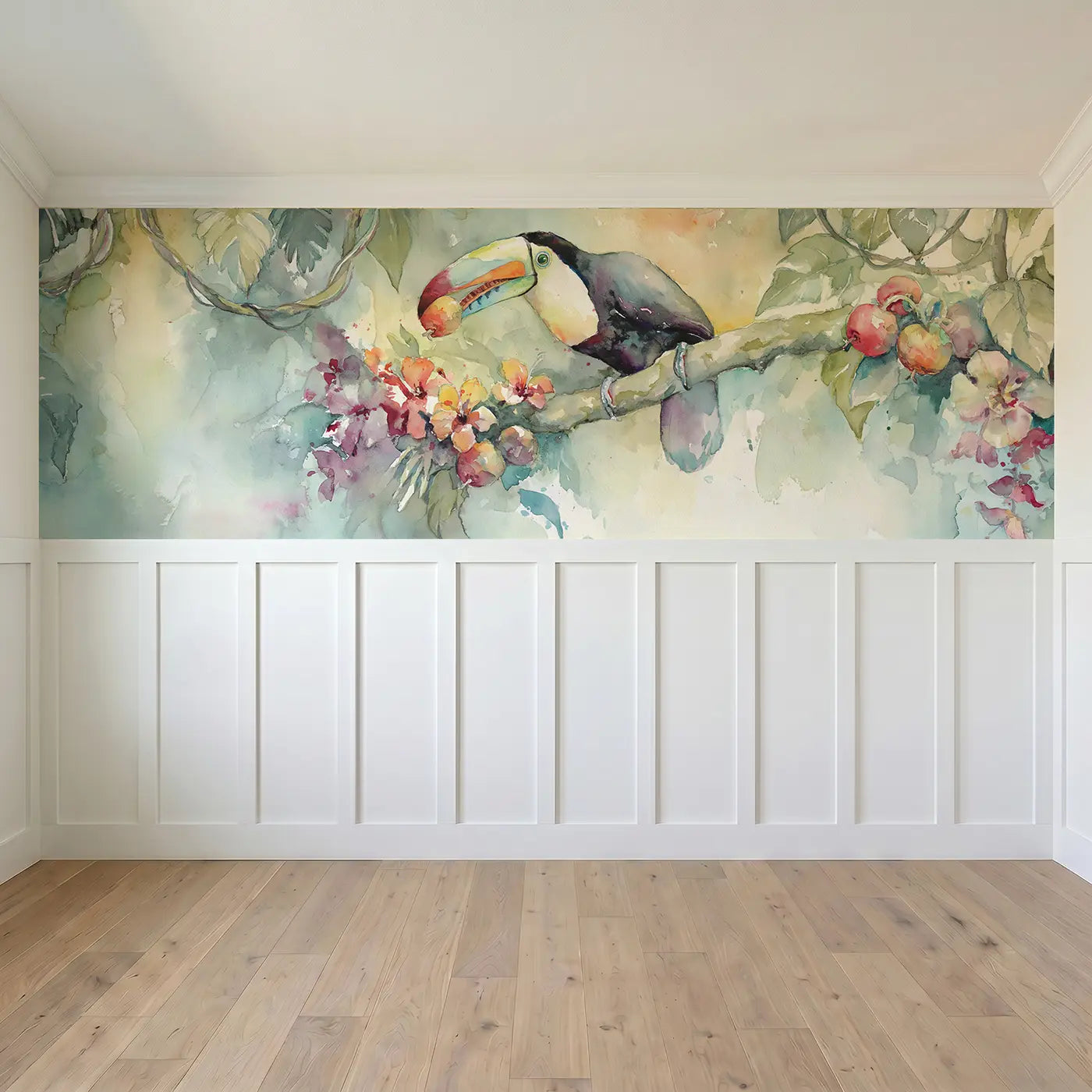 Full panel view of Toucan Rainforest Fruit Morning Wainscoting Wallpaper by Whimsy Tots