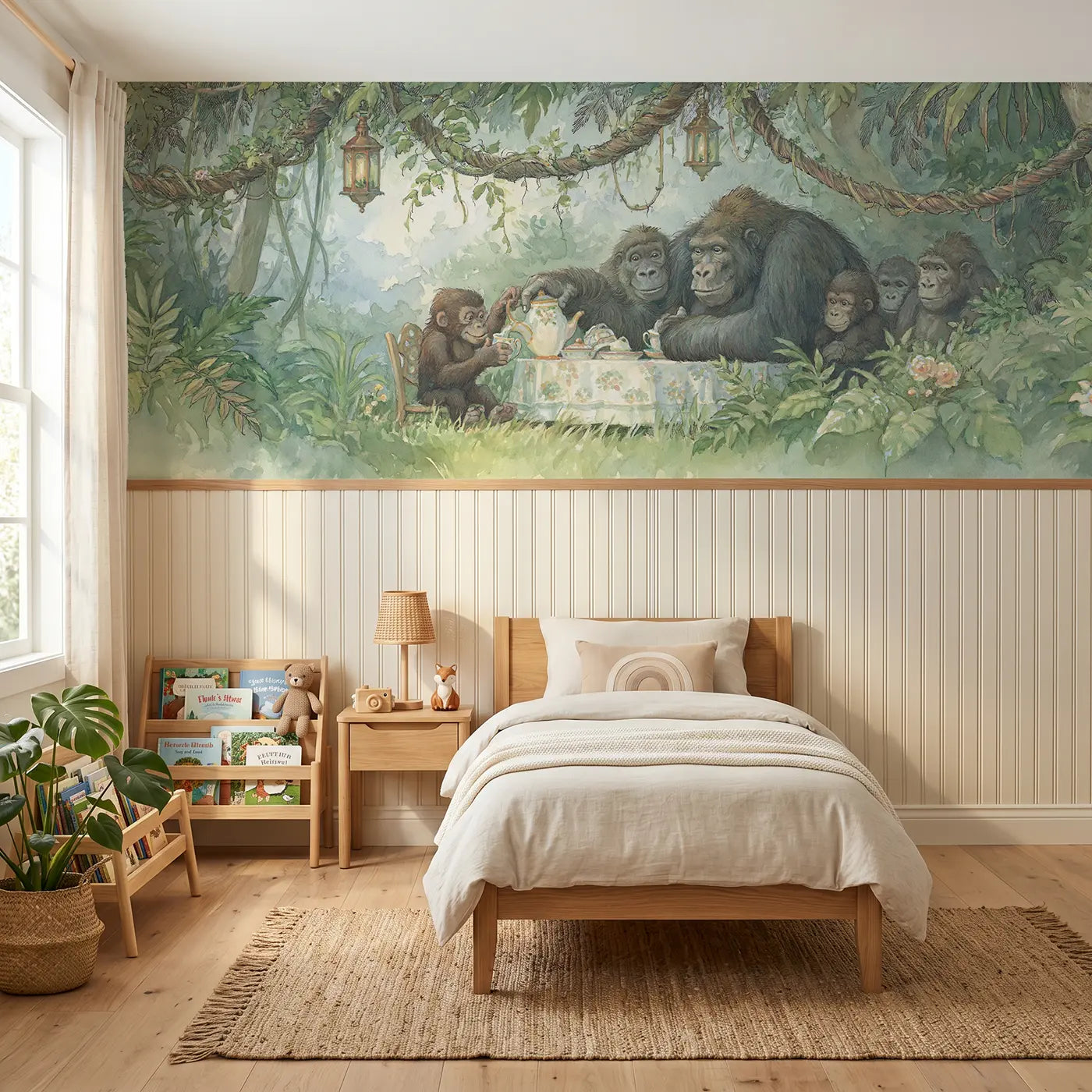 Storybook gorilla troop jungle tea wainscoting wallpaper for bedroom by Whimsy Tots.