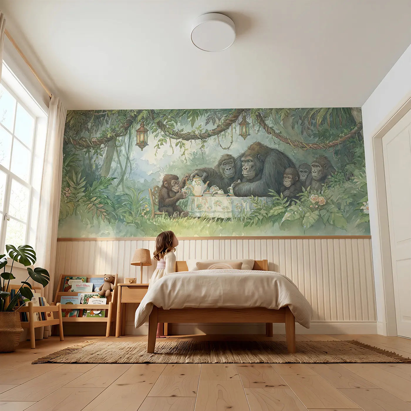 Child reading near Gorilla Troop Jungle Tea Wainscoting Wallpaper by Whimsy Tots