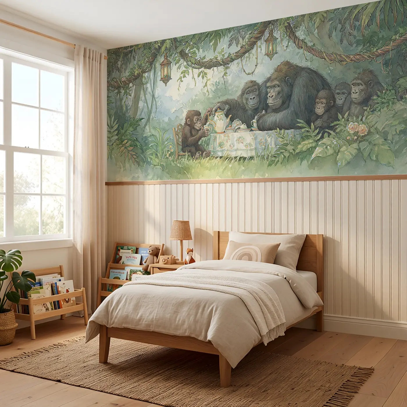 Gorilla Troop Jungle Tea Wainscoting Wallpaper styled in a kids bedroom by Whimsy Tots