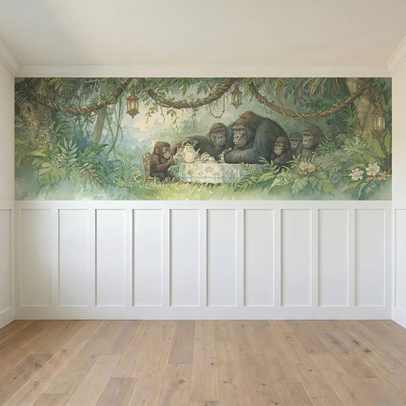 Full panel view of Gorilla Troop Jungle Tea Wainscoting Wallpaper by Whimsy Tots
