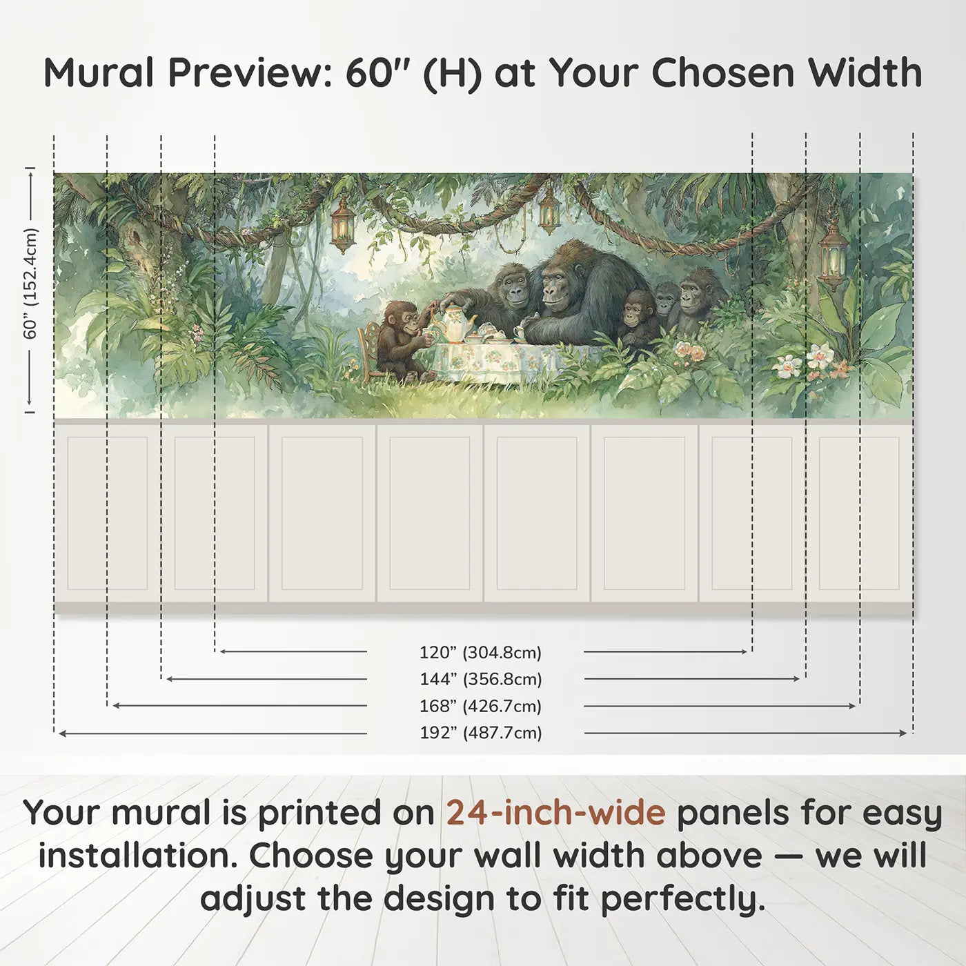 Panel dimensions for Gorilla Troop Jungle Tea Wainscoting Wallpaper by Whimsy Tots