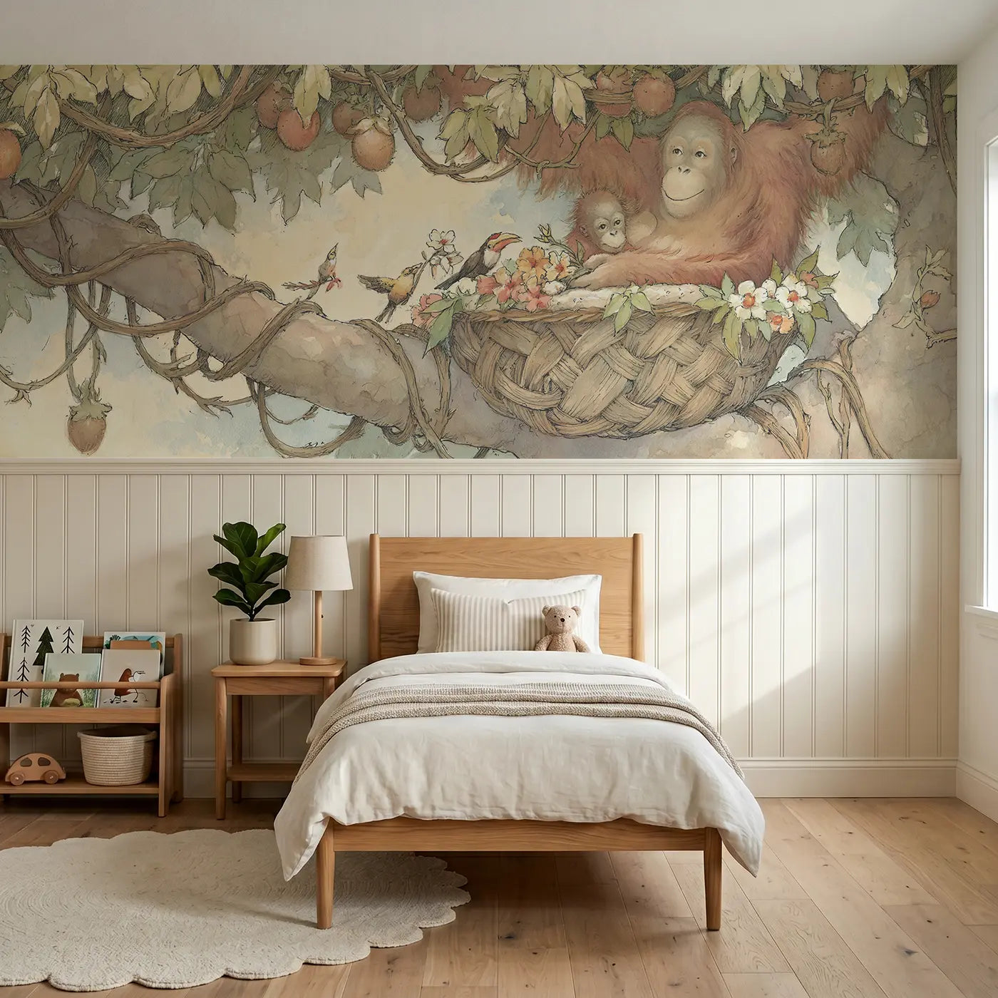 Storybook orangutan treetop home wainscoting wallpaper for nursery by Whimsy Tots.