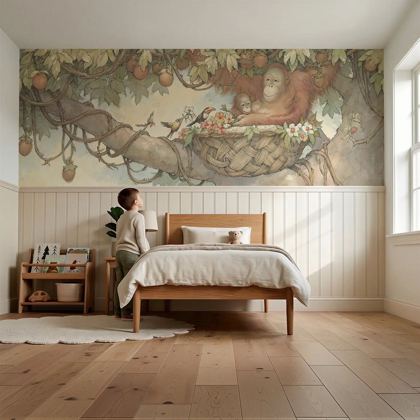 Child reading near Orangutan Treetop Home Wainscoting Wallpaper by Whimsy Tots