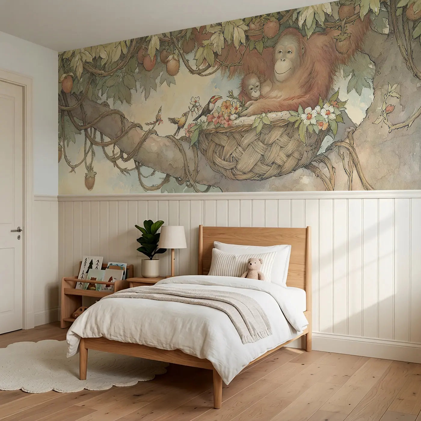 Orangutan Treetop Home Wainscoting Wallpaper styled in a kids bedroom by Whimsy Tots
