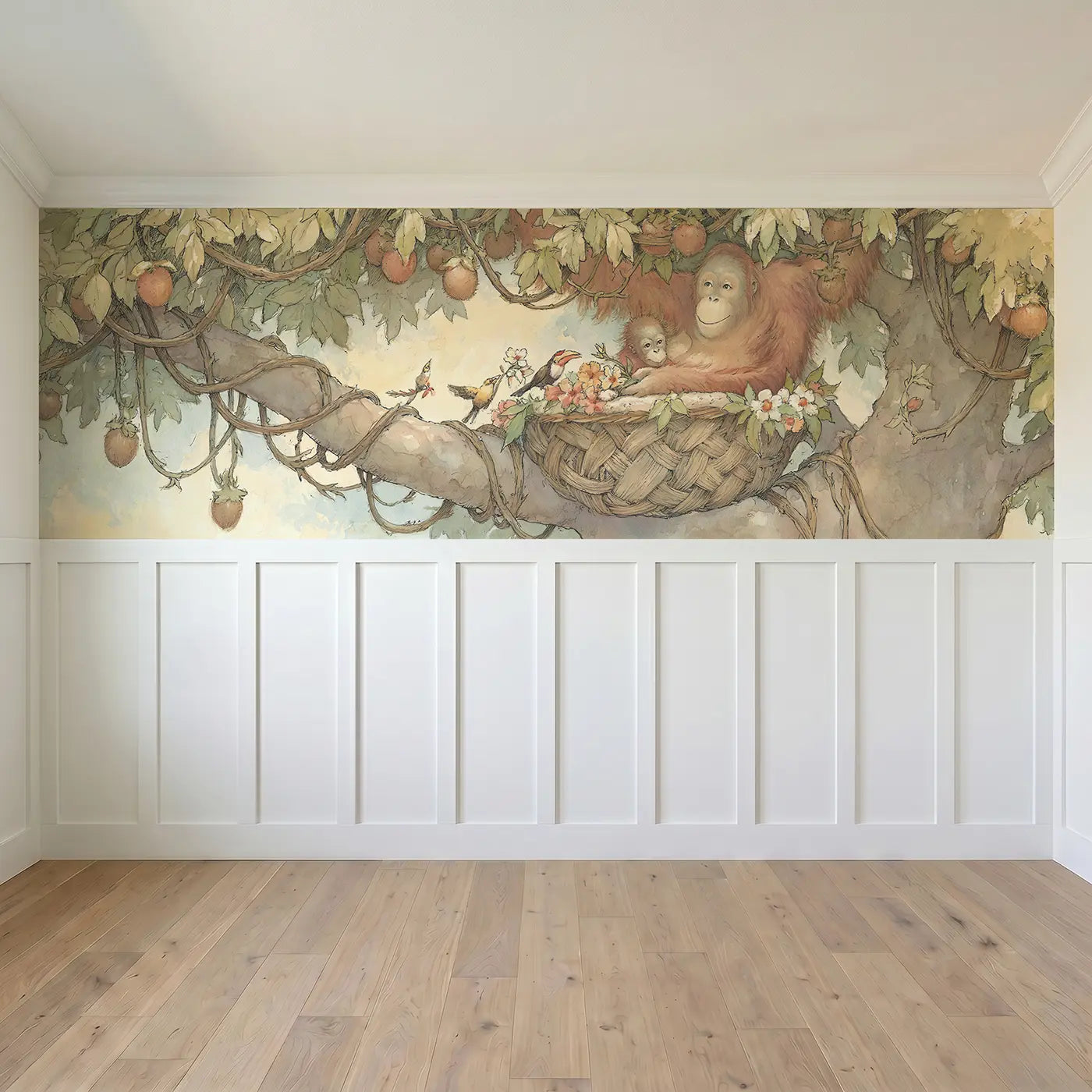 Full panel view of Orangutan Treetop Home Wainscoting Wallpaper by Whimsy Tots