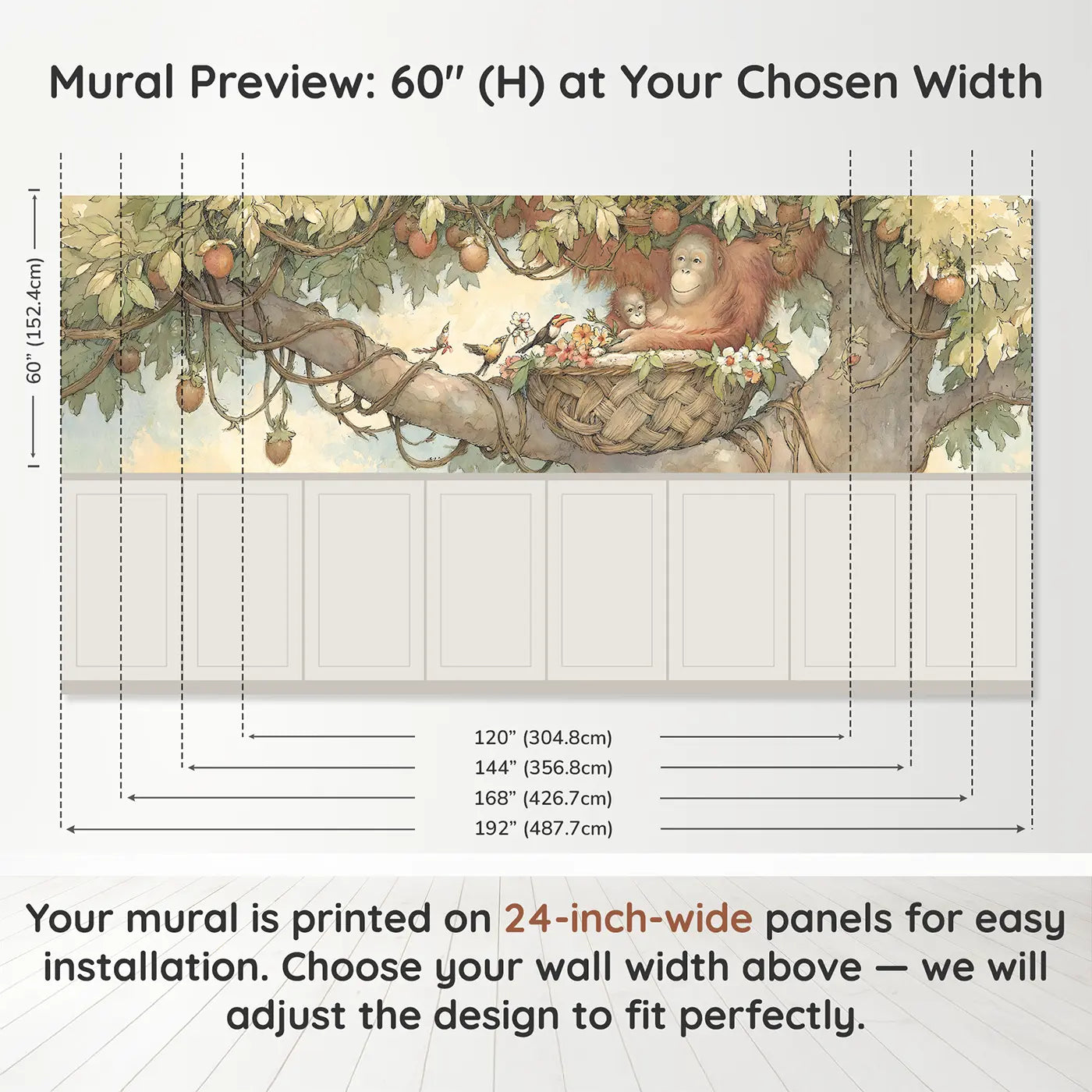 Panel dimensions for Orangutan Treetop Home Wainscoting Wallpaper by Whimsy Tots