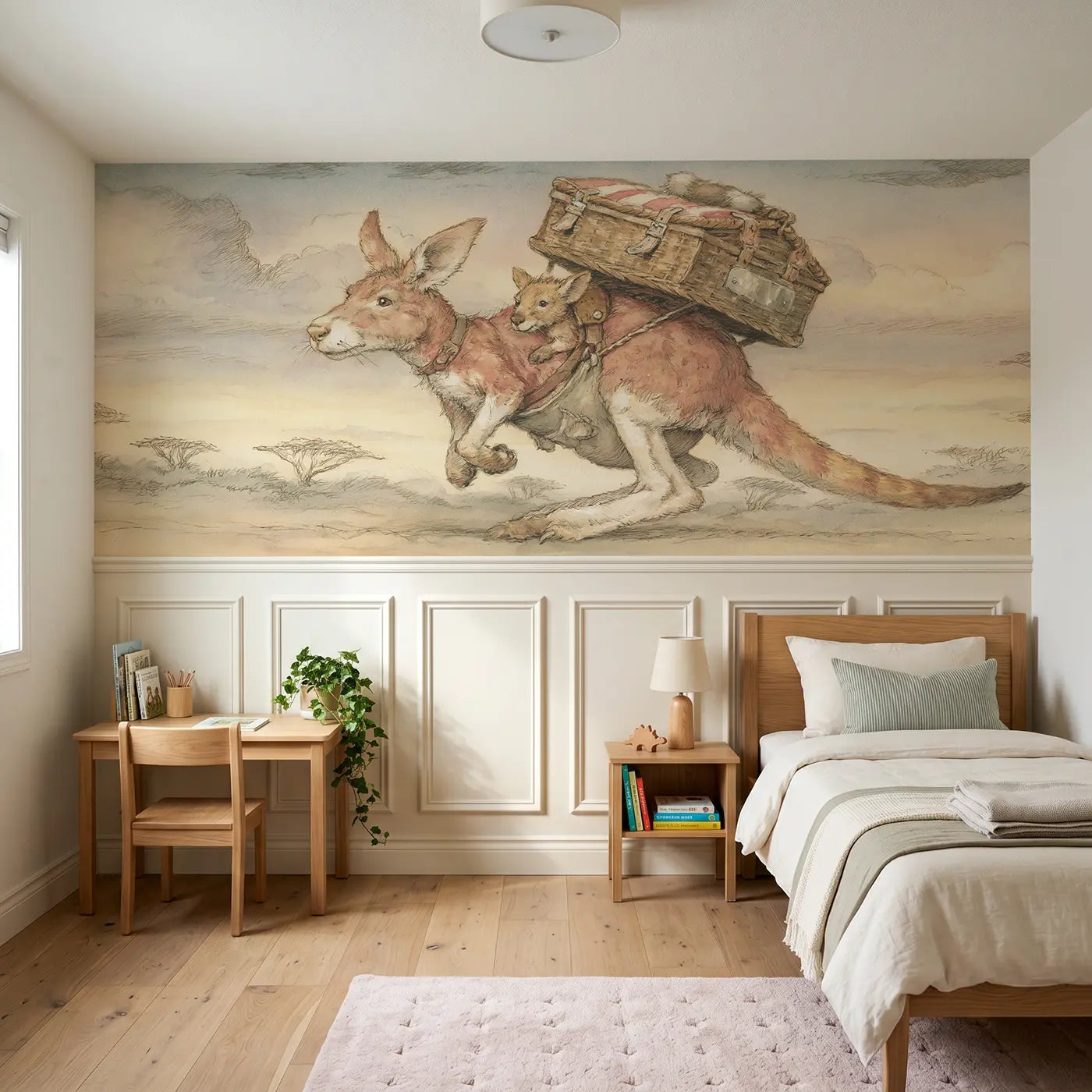 Storybook kangaroo pouch picnic outback wainscoting wallpaper for bedroom by Whimsy Tots.