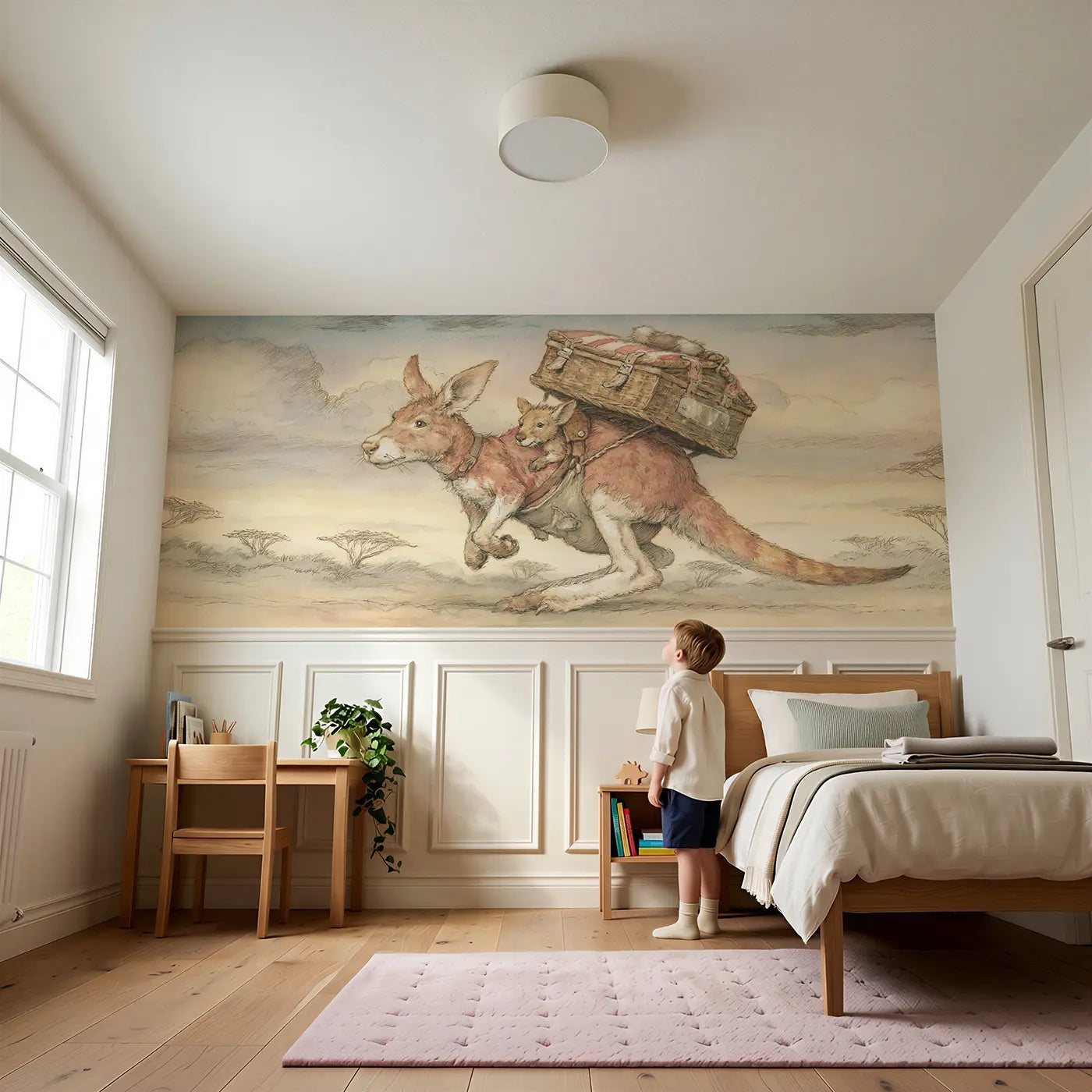 Child reading near Kangaroo Pouch Picnic Outback Wainscoting Wallpaper by Whimsy Tots