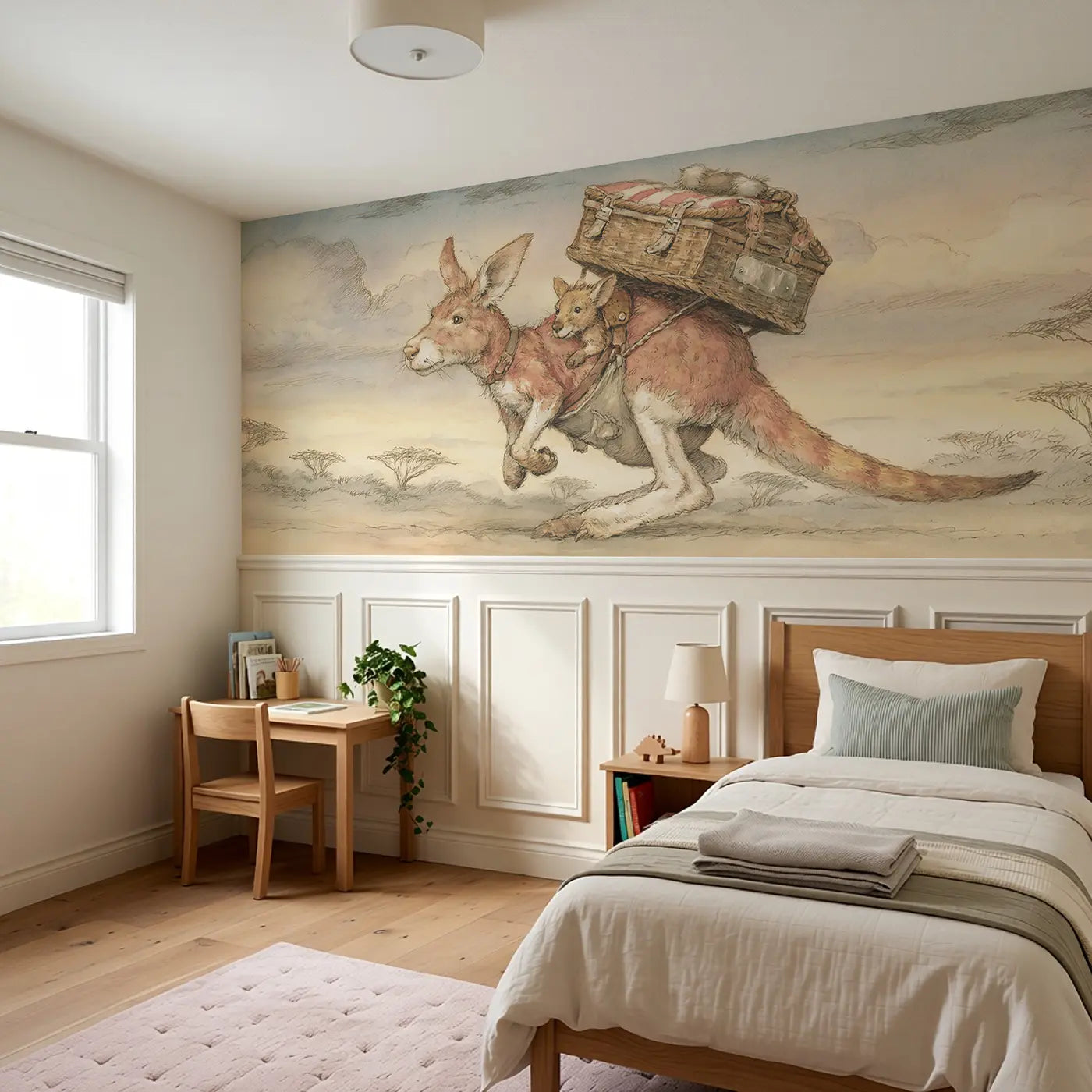 Kangaroo Pouch Picnic Outback Wainscoting Wallpaper styled in a kids bedroom by Whimsy Tots