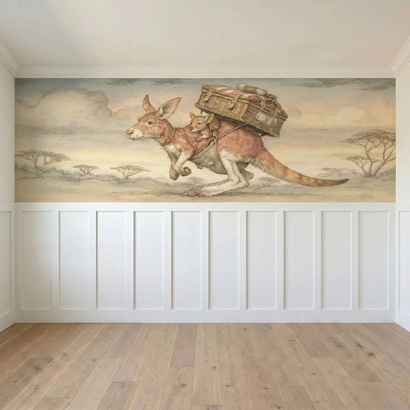 Full panel view of Kangaroo Pouch Picnic Outback Wainscoting Wallpaper by Whimsy Tots