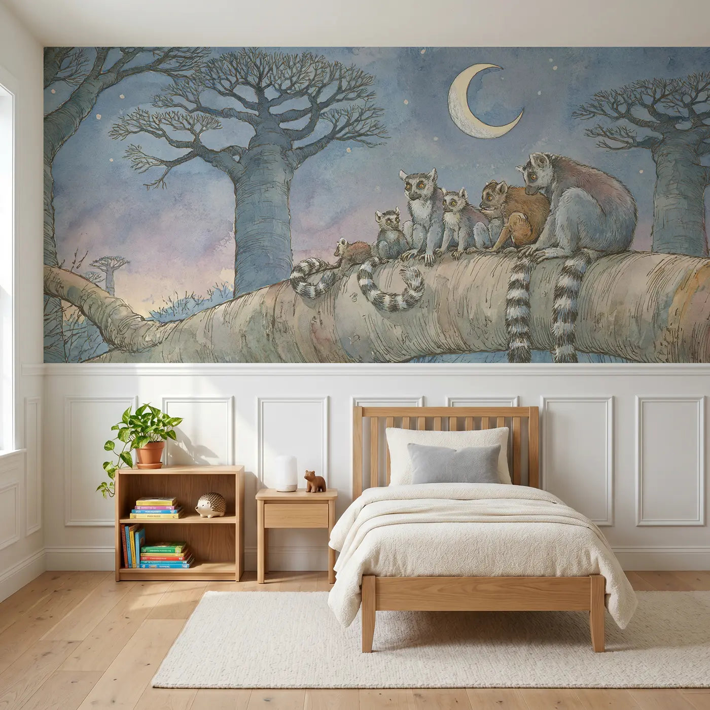 Storybook lemur ring tail moonlight wainscoting wallpaper for bedroom by Whimsy Tots.