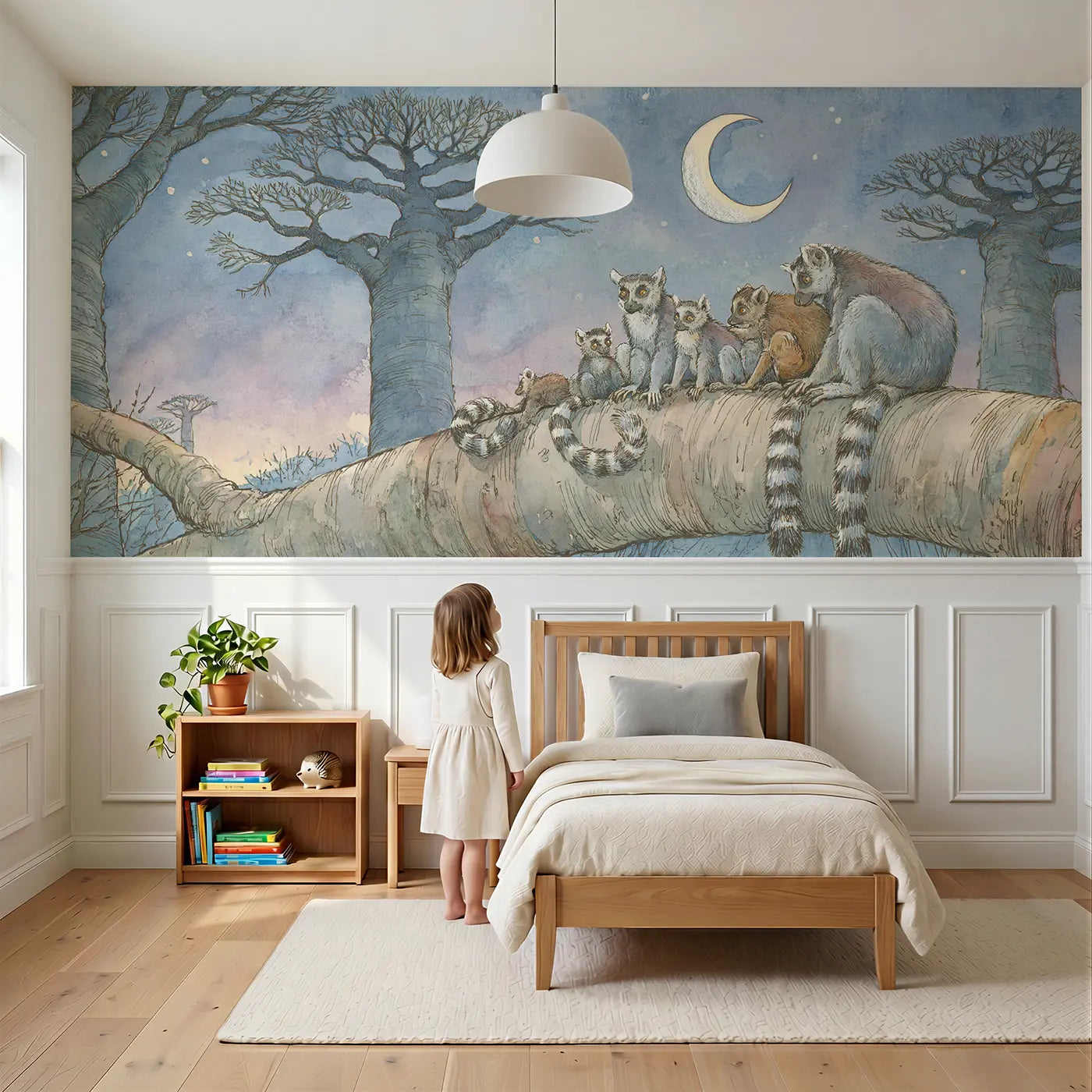 Child reading near Lemur Ring Tail Moonlight Wainscoting Wallpaper by Whimsy Tots