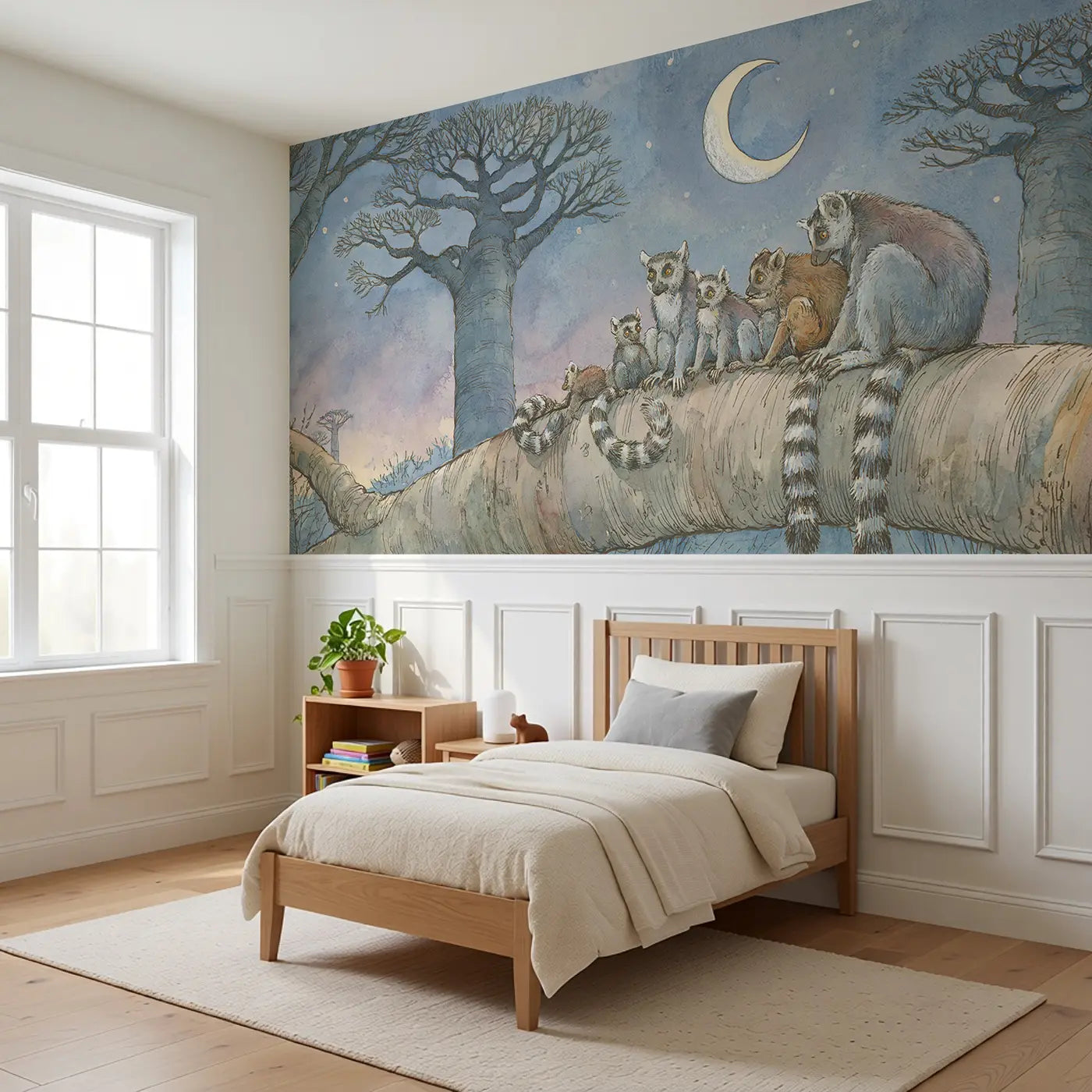Lemur Ring Tail Moonlight Wainscoting Wallpaper styled in a kids bedroom by Whimsy Tots