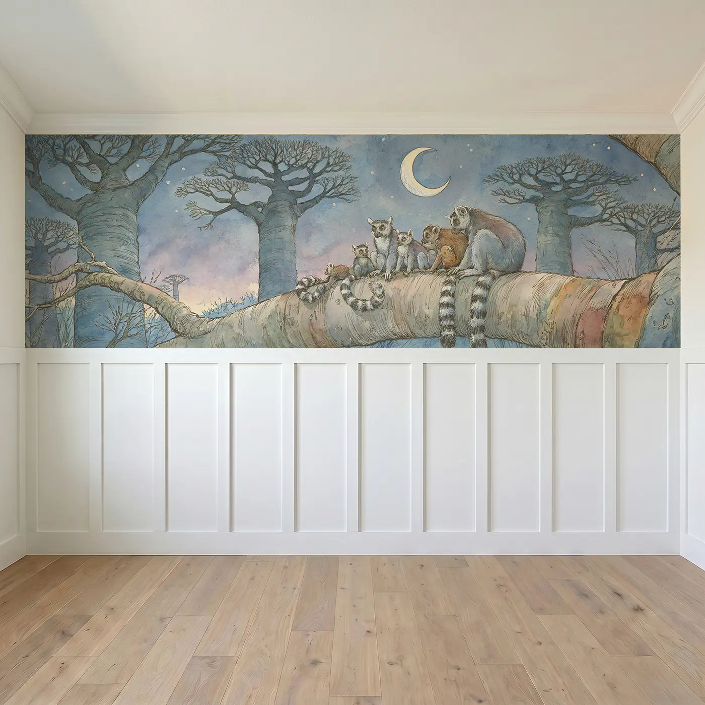 Full panel view of Lemur Ring Tail Moonlight Wainscoting Wallpaper by Whimsy Tots