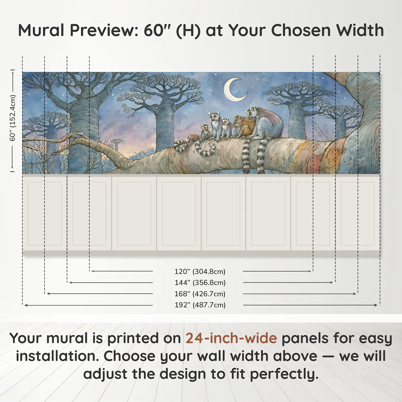 Panel dimensions for Lemur Ring Tail Moonlight Wainscoting Wallpaper by Whimsy Tots