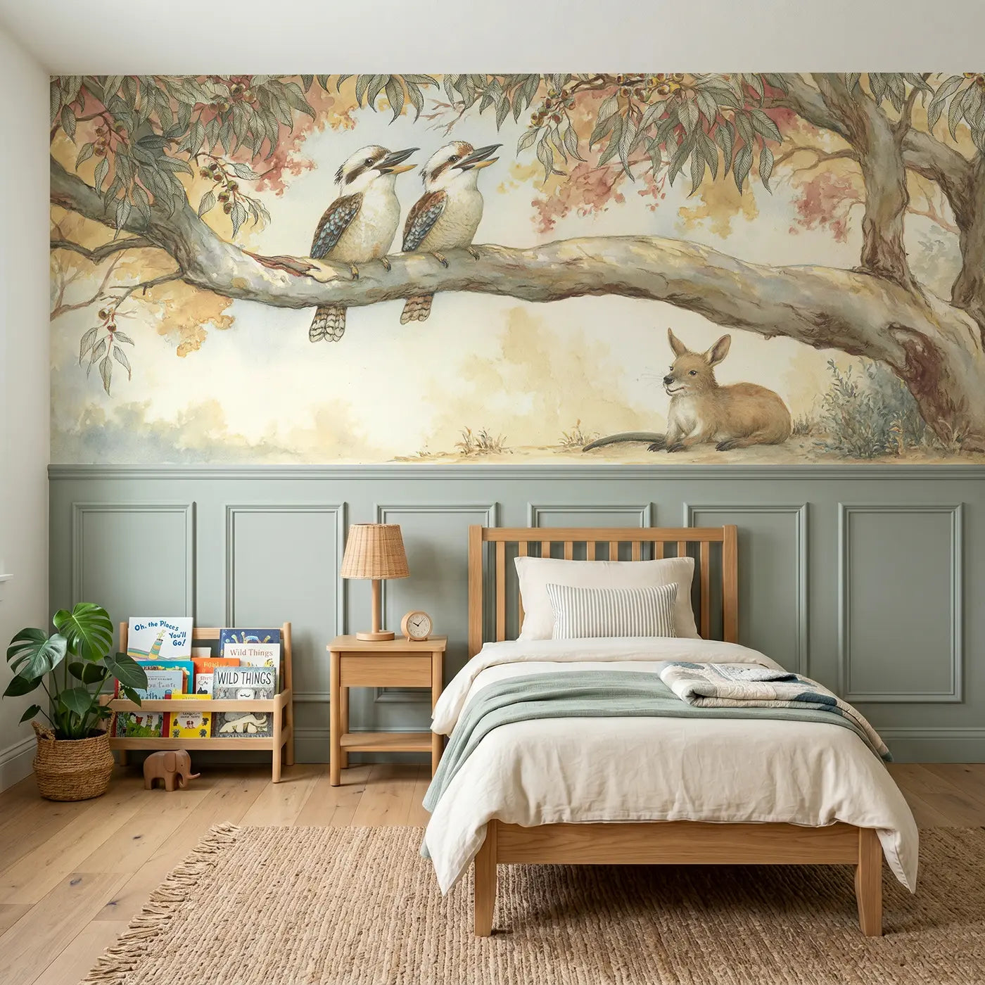 Storybook kookaburra gumtree song wainscoting wallpaper for bedroom by Whimsy Tots.