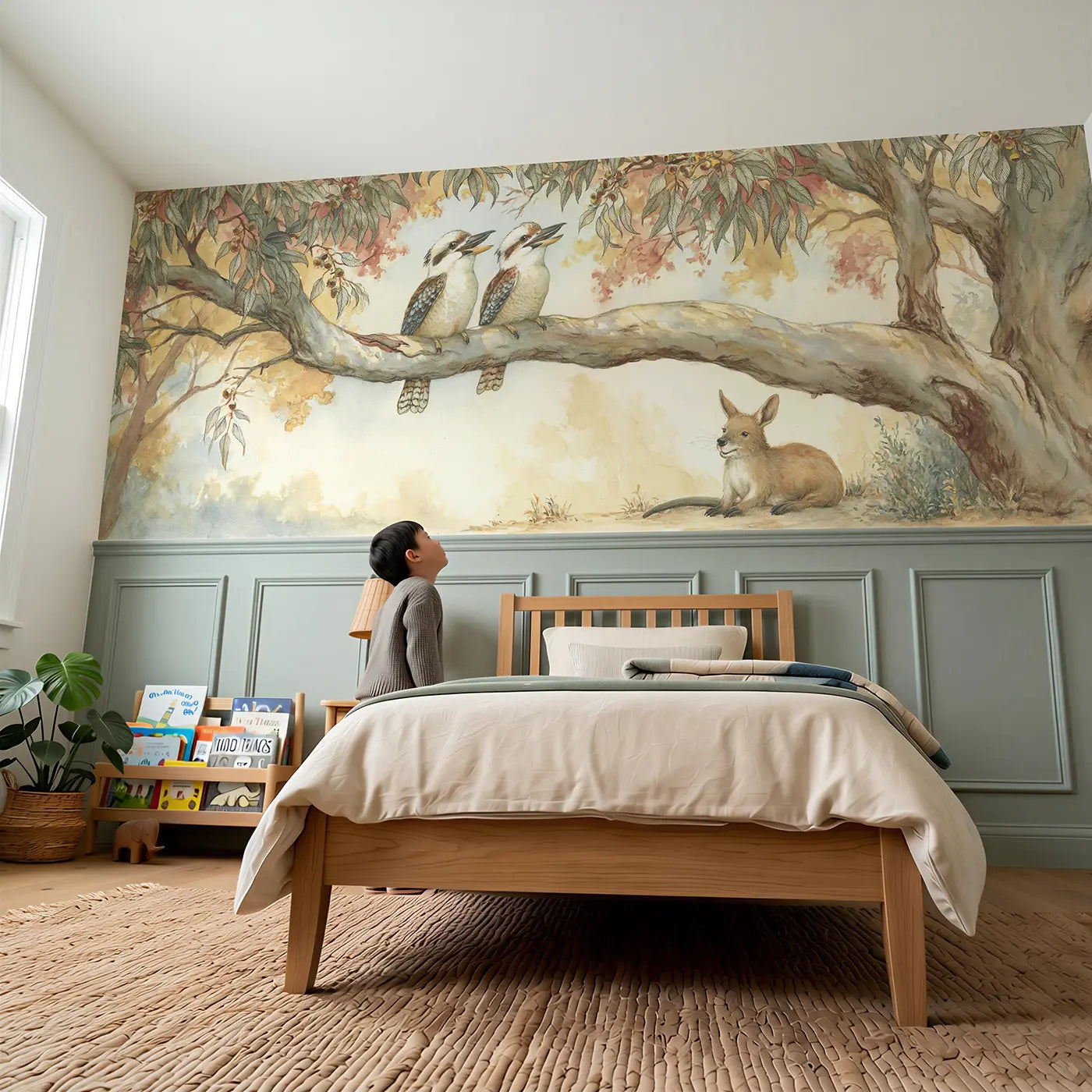 Child reading near Kookaburra Gumtree Song Wainscoting Wallpaper by Whimsy Tots