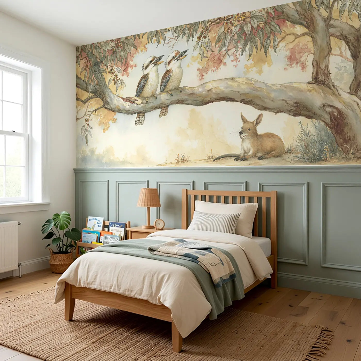 Kookaburra Gumtree Song Wainscoting Wallpaper styled in a kids bedroom by Whimsy Tots