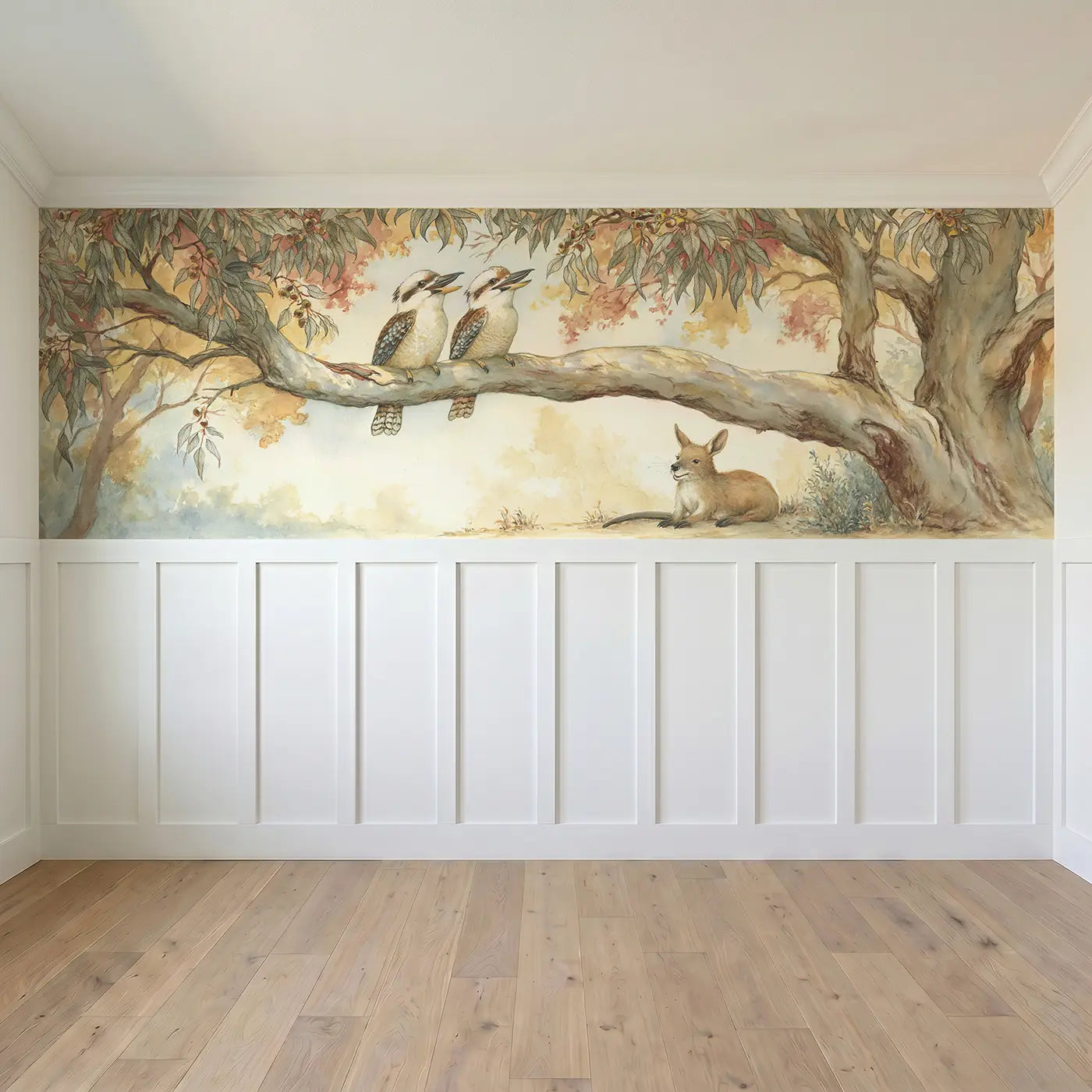 Full panel view of Kookaburra Gumtree Song Wainscoting Wallpaper by Whimsy Tots