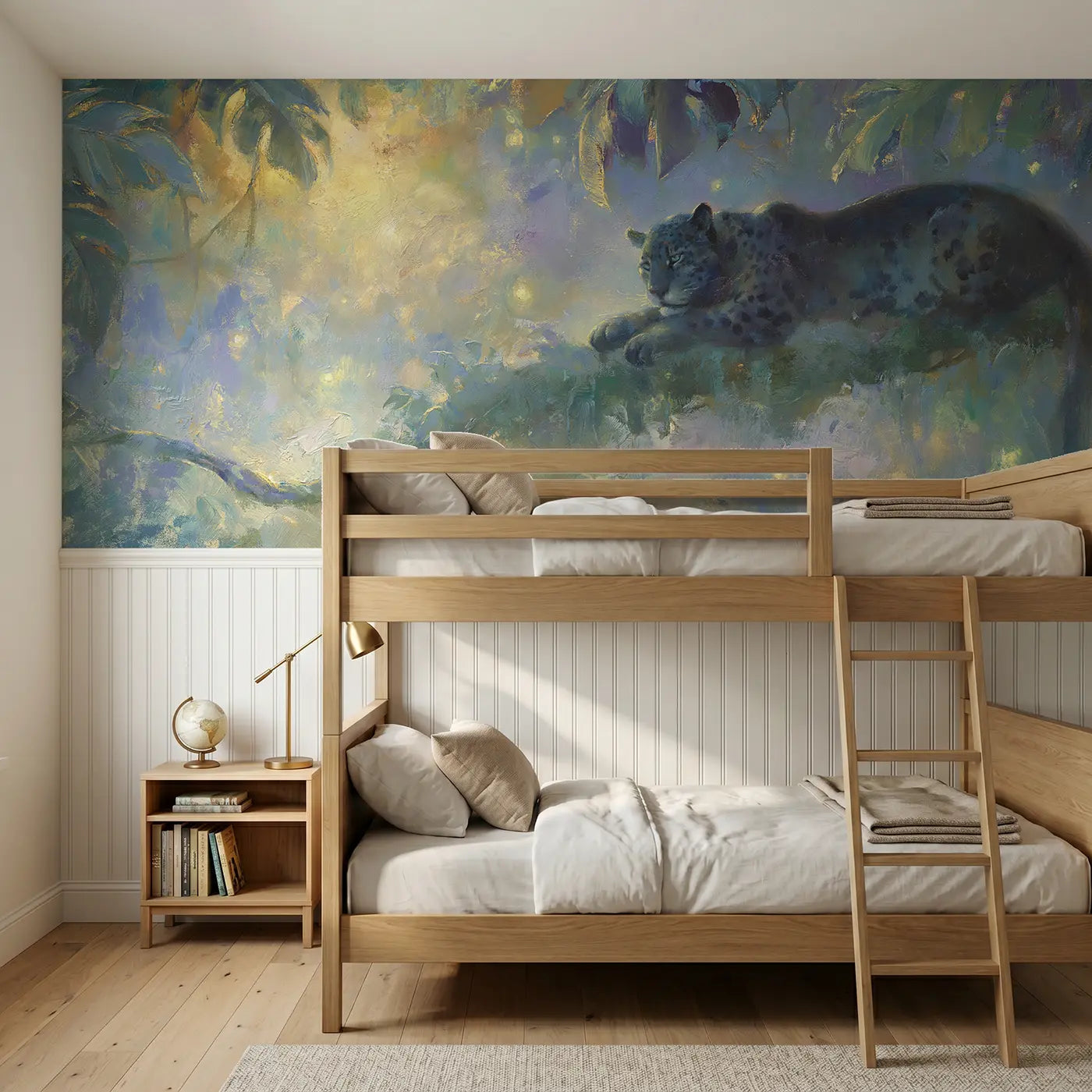 Painted Landscape jaguar rainforest night wainscoting wallpaper for bedroom by Whimsy Tots.