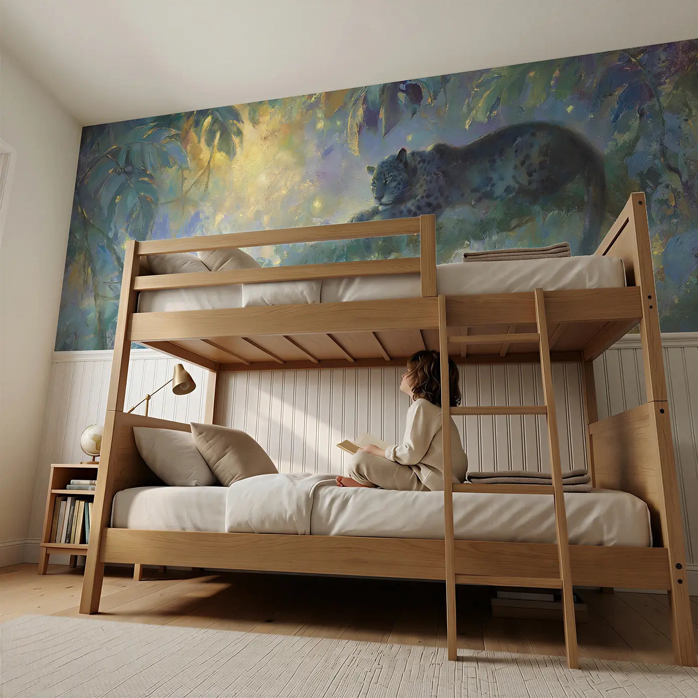 Child reading near Jaguar Rainforest Night Oil Wainscoting Wallpaper by Whimsy Tots