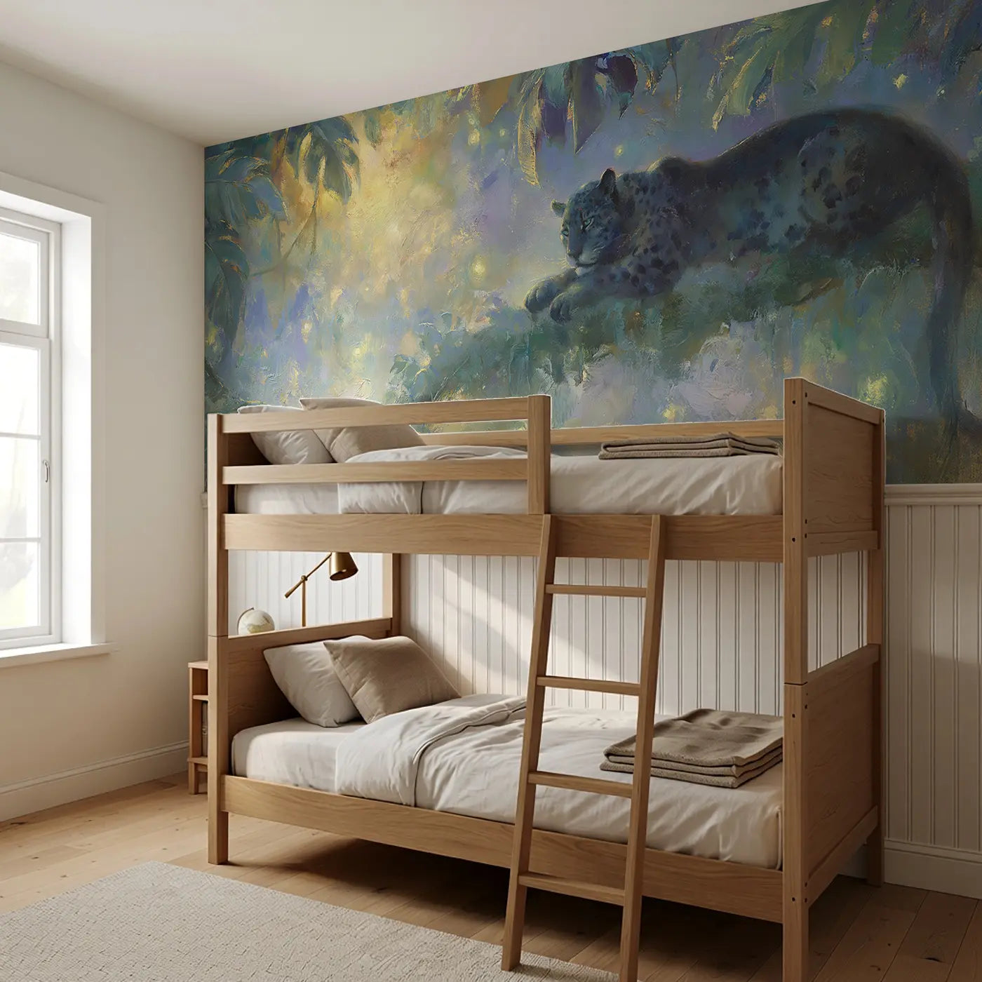 Jaguar Rainforest Night Oil Wainscoting Wallpaper styled in a kids bedroom by Whimsy Tots