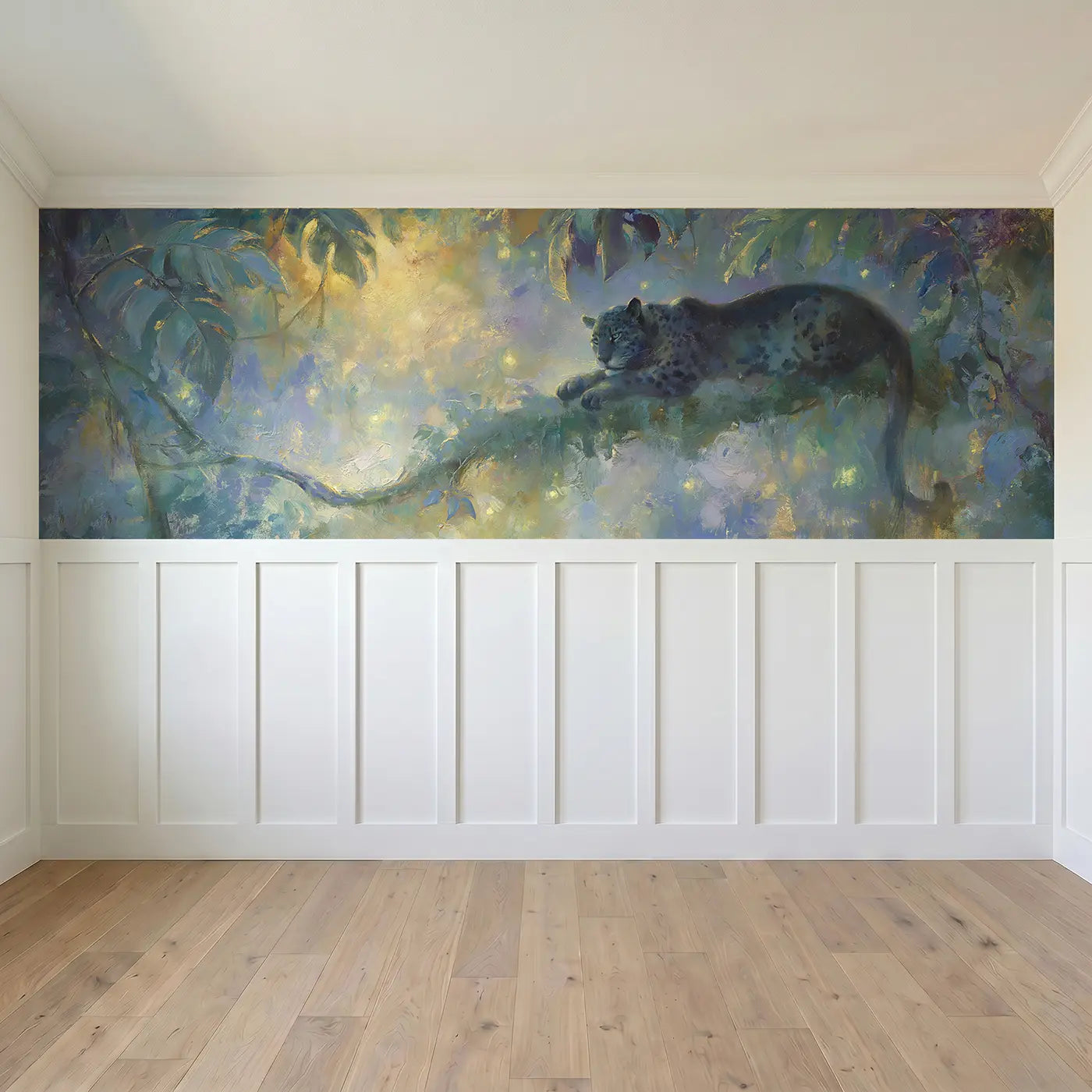 Full panel view of Jaguar Rainforest Night Oil Wainscoting Wallpaper by Whimsy Tots