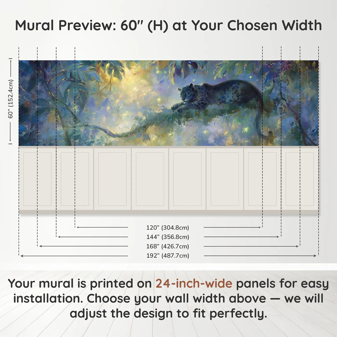 Panel dimensions for Jaguar Rainforest Night Oil Wainscoting Wallpaper by Whimsy Tots