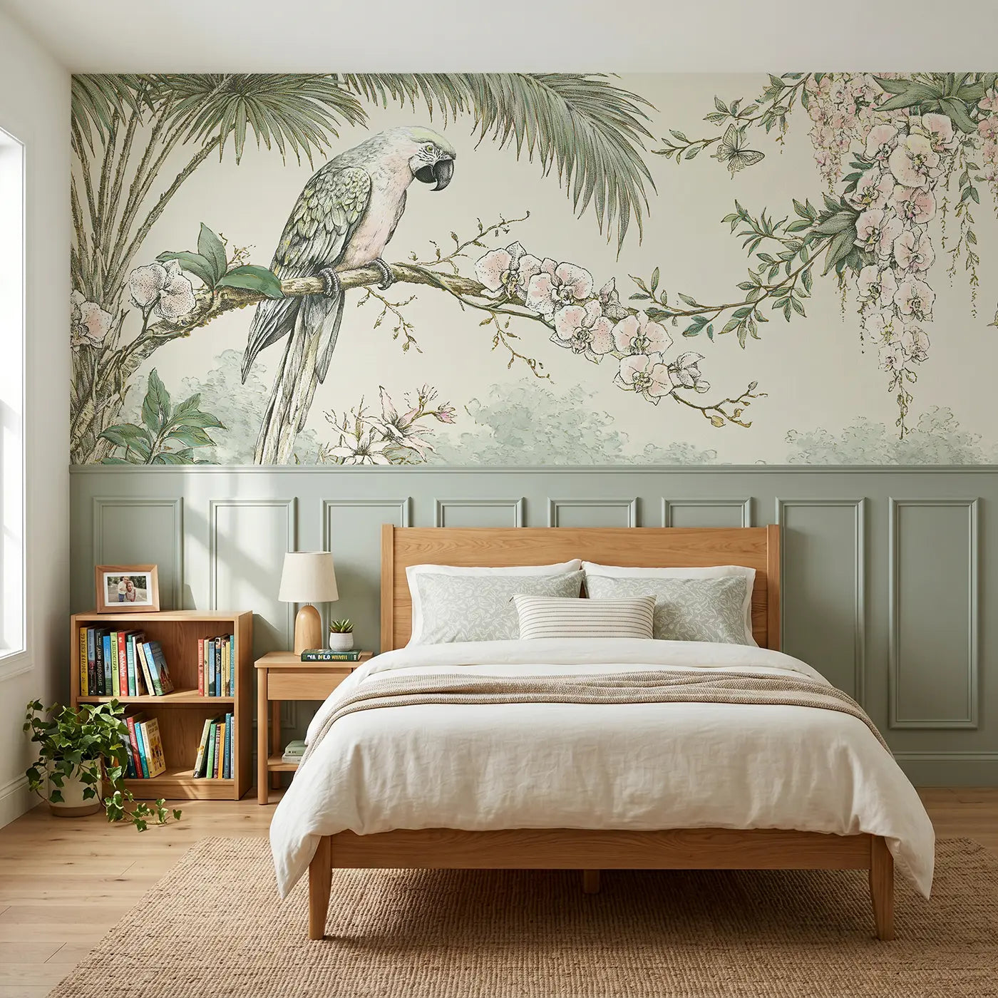 Botanical Elegance macaw tropical toile wainscoting wallpaper for bedroom by Whimsy Tots.