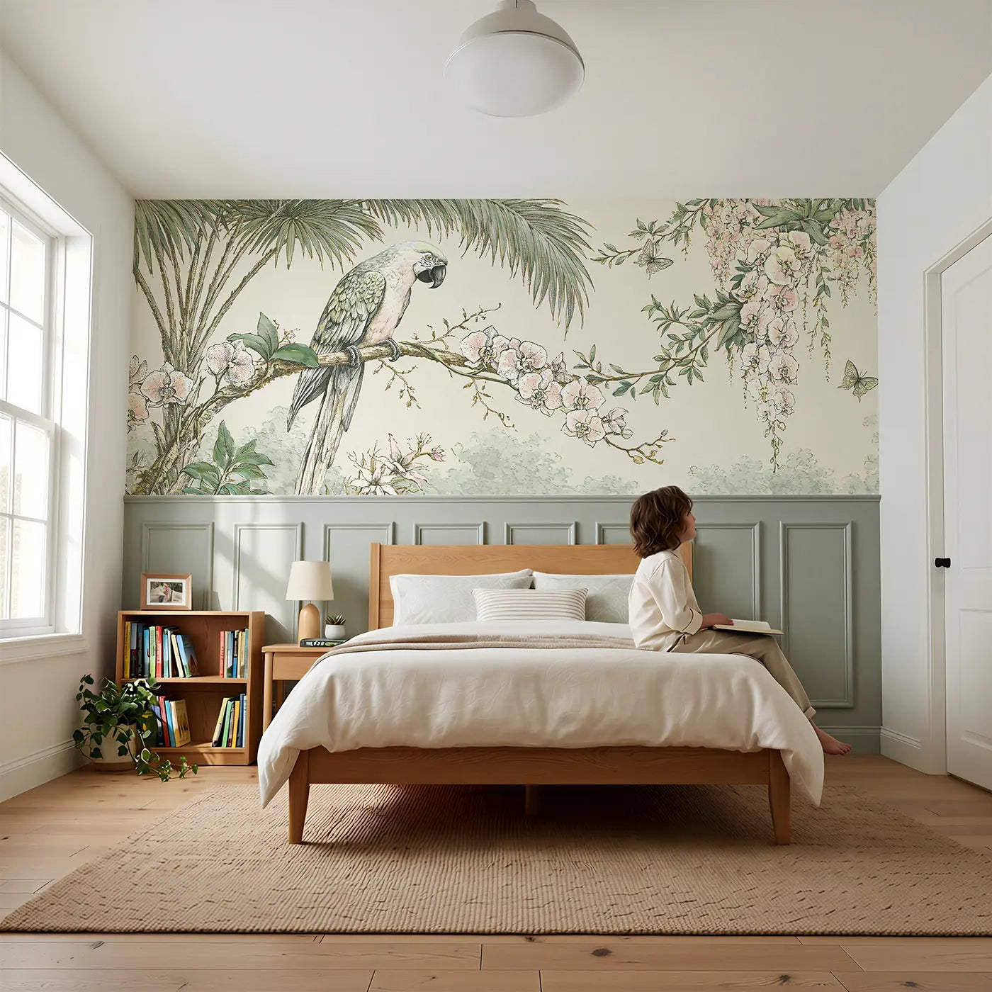Child reading near Macaw Tropical Botanical Toile Wainscoting Wallpaper by Whimsy Tots