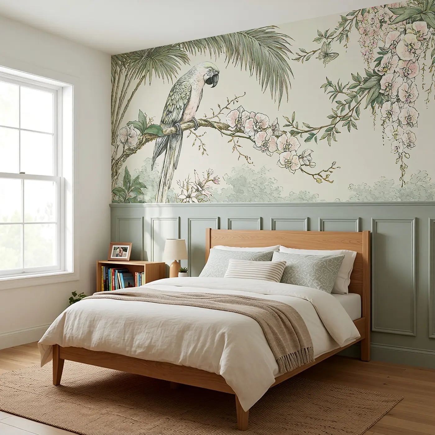 Macaw Tropical Botanical Toile Wainscoting Wallpaper styled in a kids bedroom by Whimsy Tots