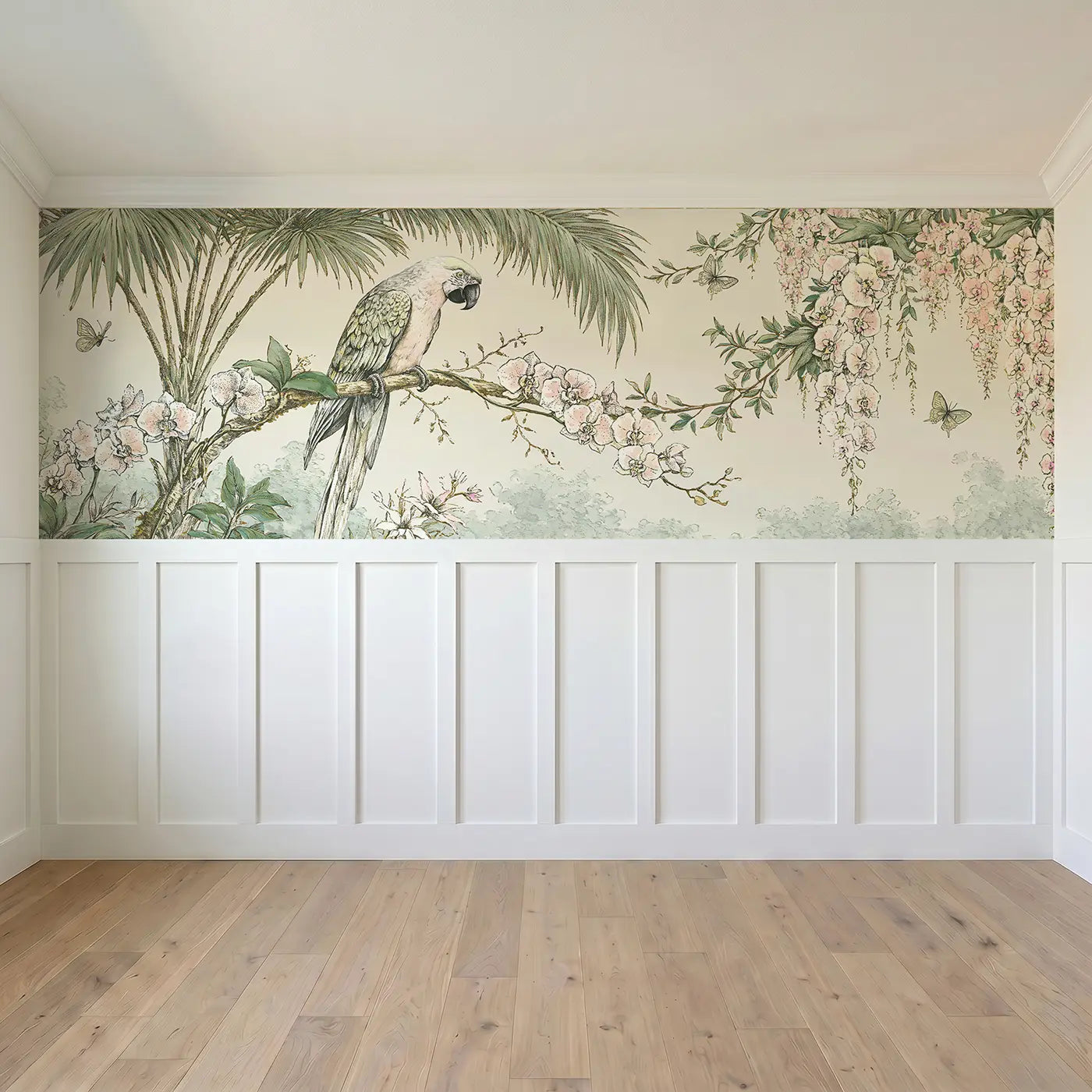 Full panel view of Macaw Tropical Botanical Toile Wainscoting Wallpaper by Whimsy Tots