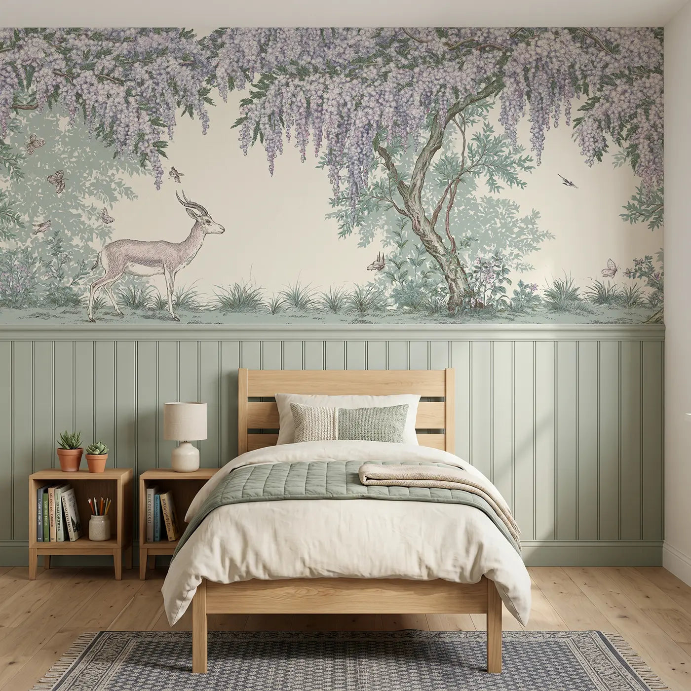 Botanical Elegance gazelle acacia stipple scene wainscoting wallpaper for bedroom by Whimsy Tots.