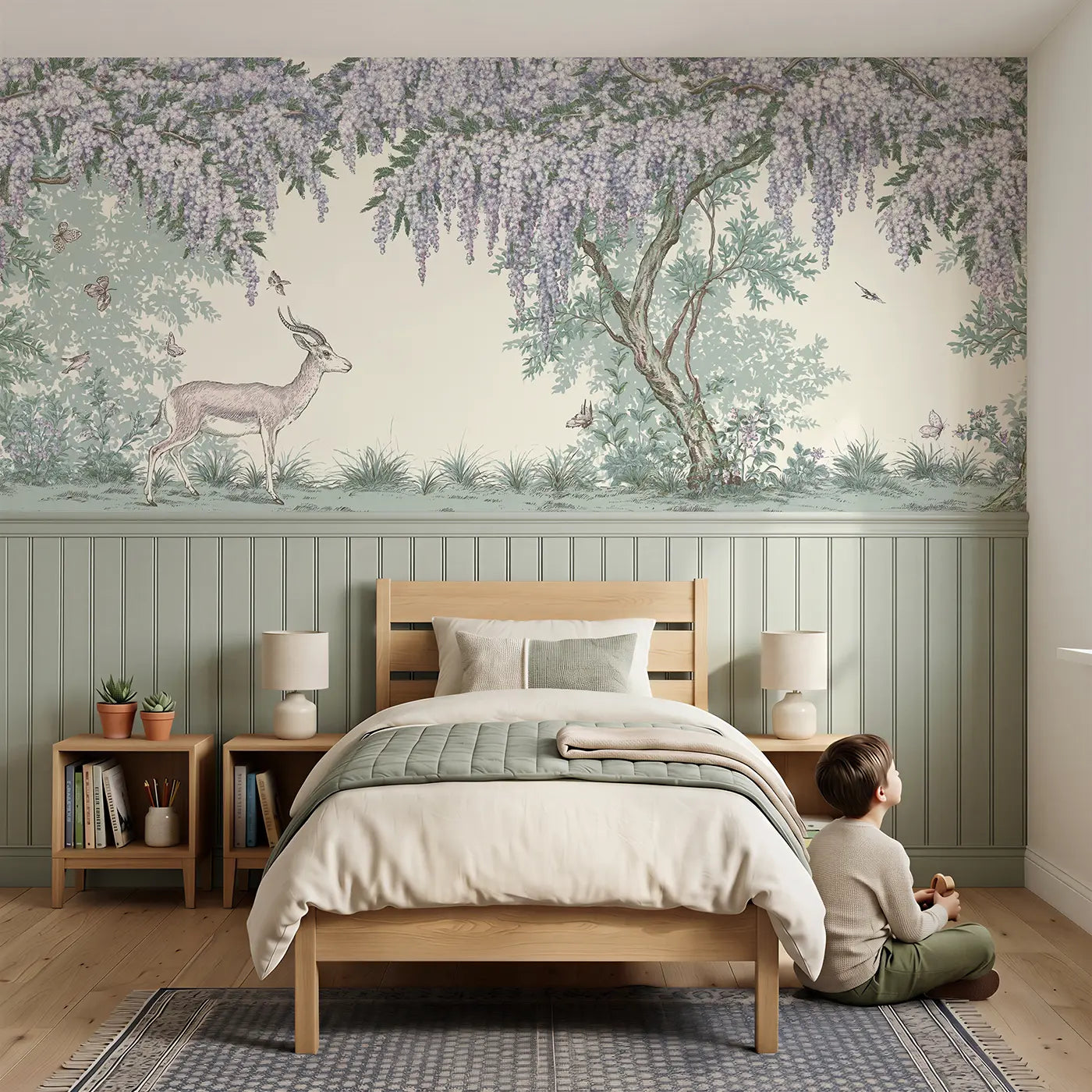 Child reading near Gazelle Acacia Stipple Scene Wainscoting Wallpaper by Whimsy Tots