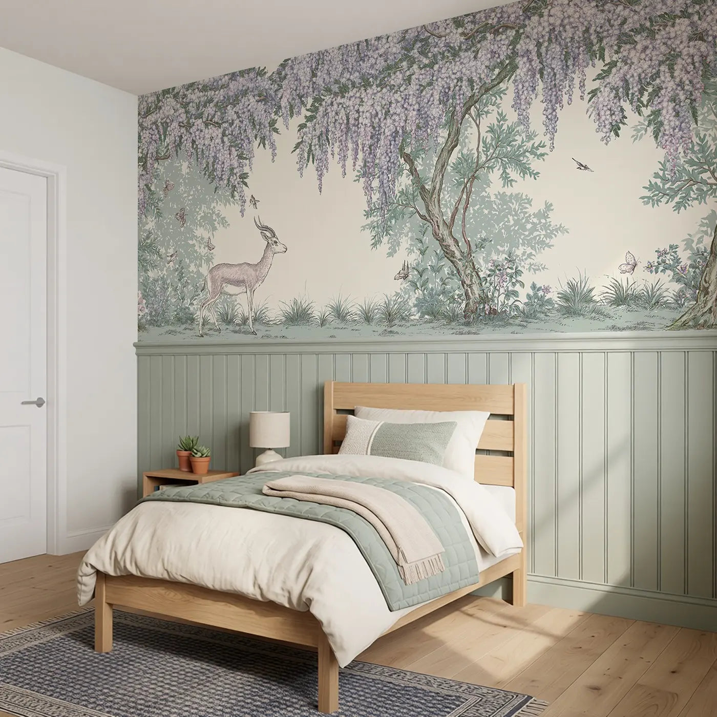 Gazelle Acacia Stipple Scene Wainscoting Wallpaper styled in a kids bedroom by Whimsy Tots