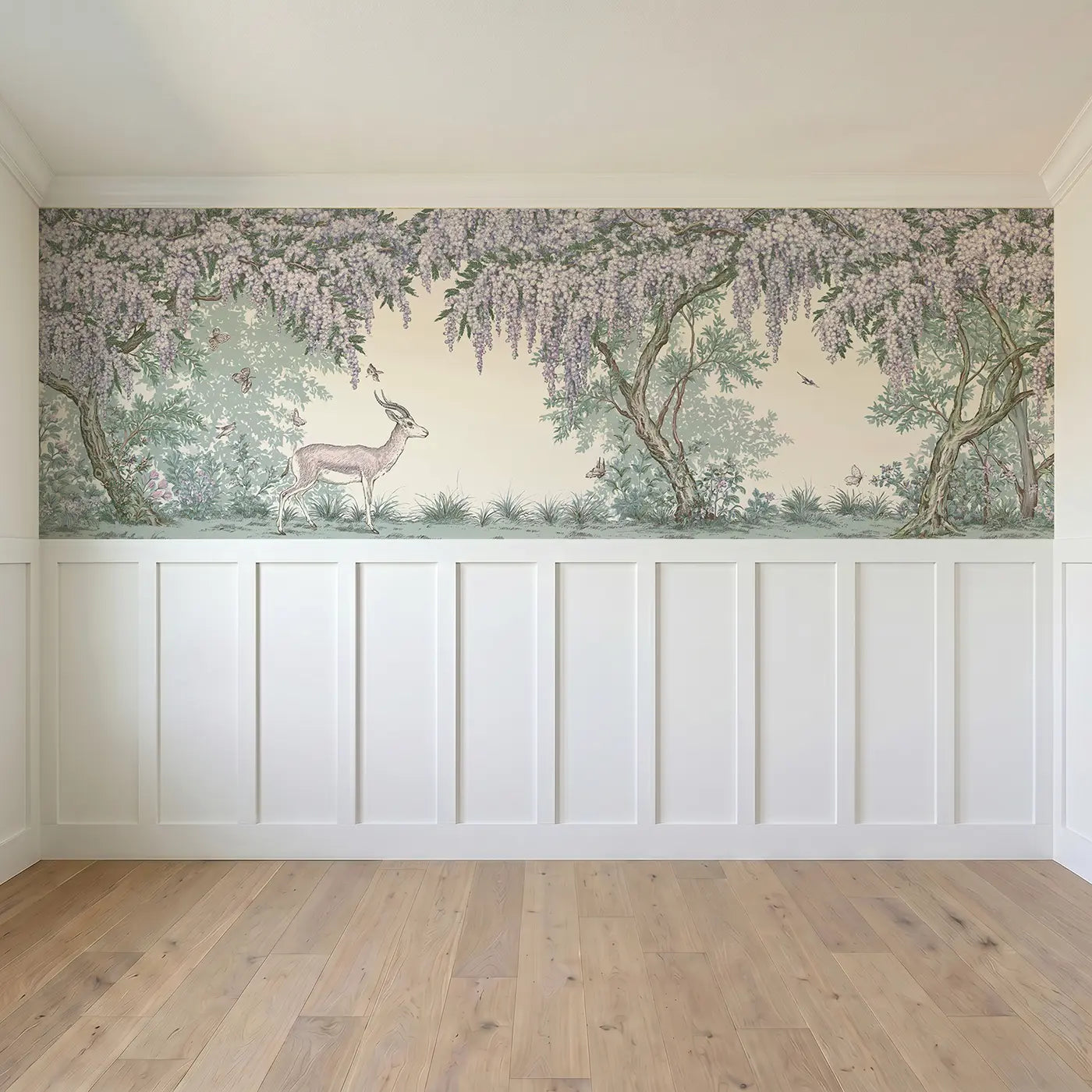 Full panel view of Gazelle Acacia Stipple Scene Wainscoting Wallpaper by Whimsy Tots