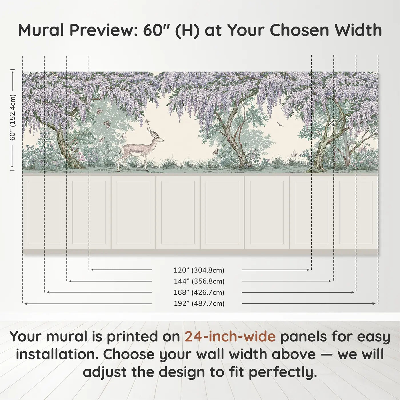 Panel dimensions for Gazelle Acacia Stipple Scene Wainscoting Wallpaper by Whimsy Tots