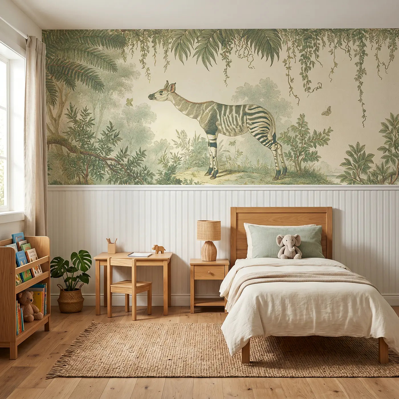 Botanical Elegance okapi forest wainscoting wallpaper for bedroom by Whimsy Tots.