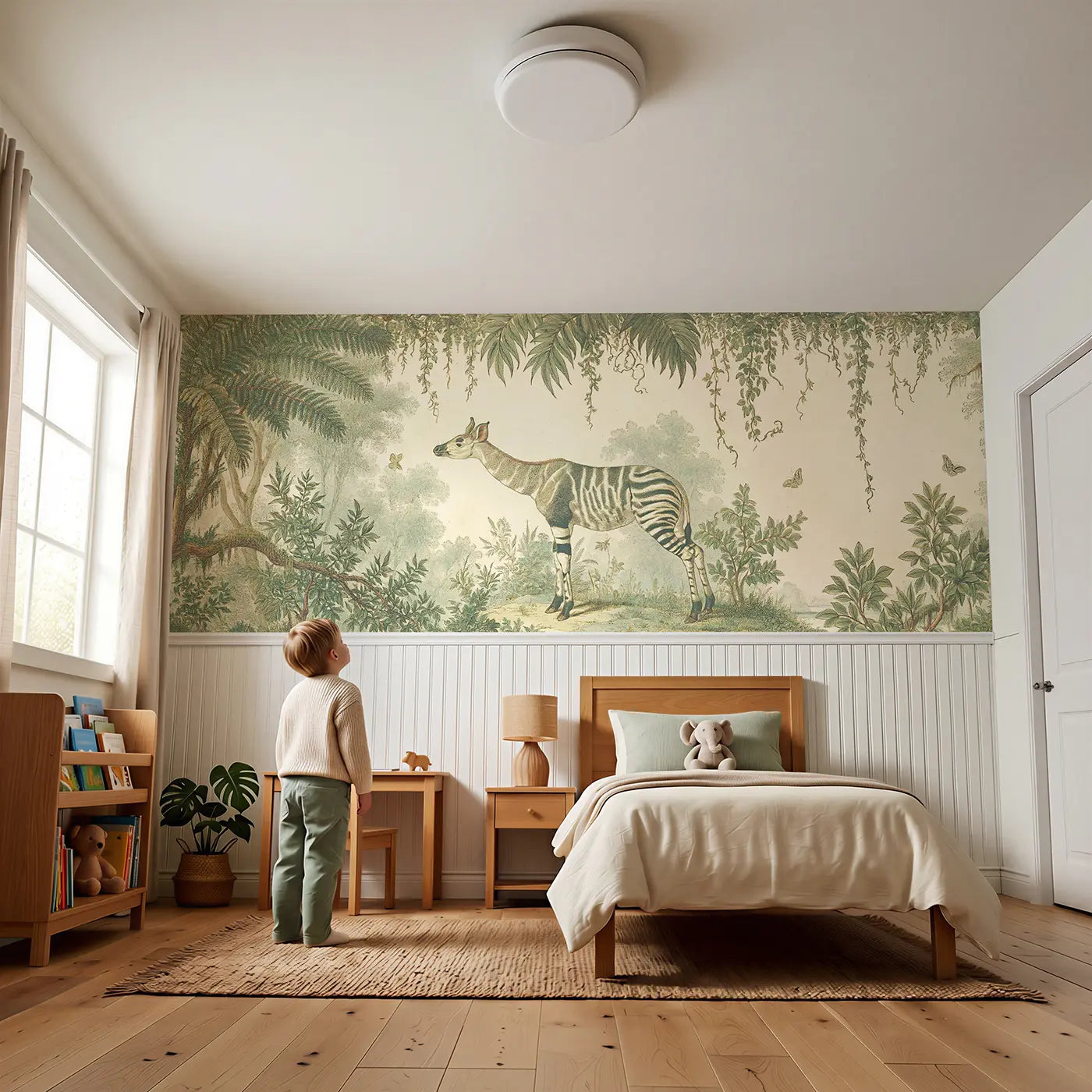 Child reading near Okapi Forest Botanical Wainscoting Wallpaper by Whimsy Tots