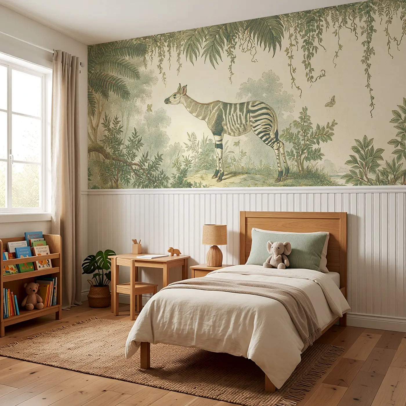 Okapi Forest Botanical Wainscoting Wallpaper styled in a kids bedroom by Whimsy Tots