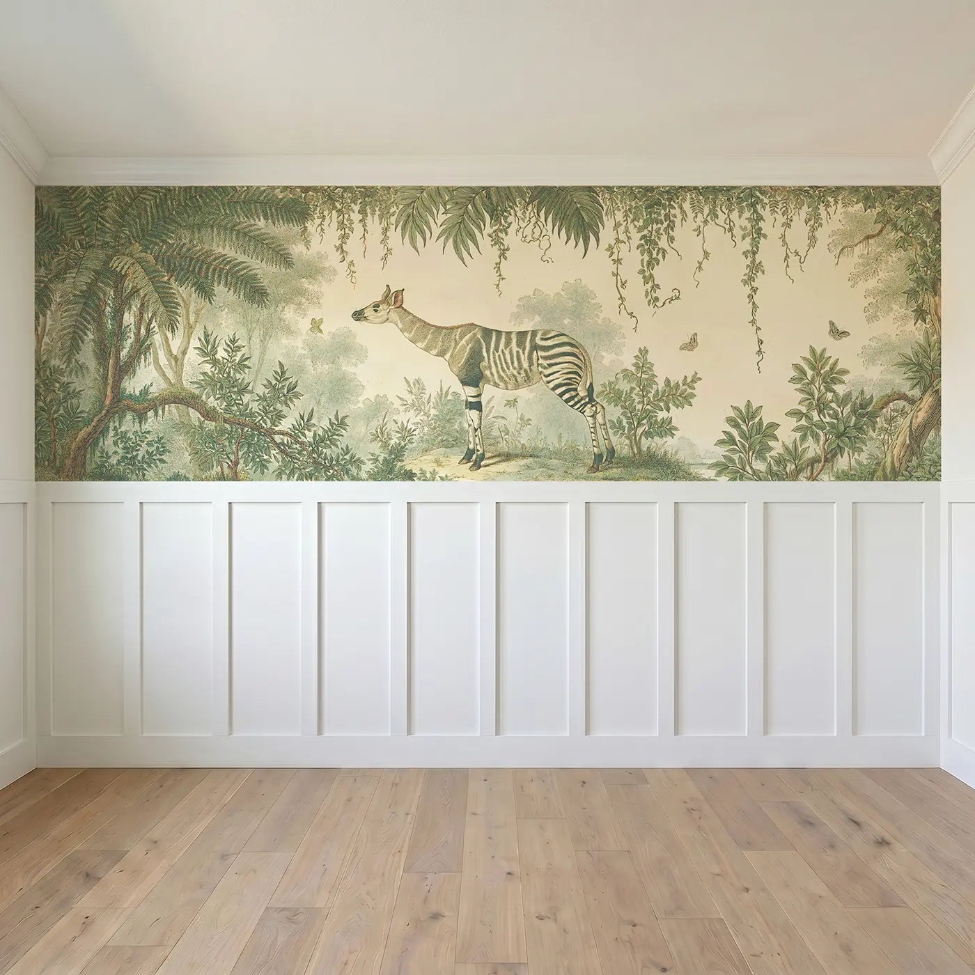 Full panel view of Okapi Forest Botanical Wainscoting Wallpaper by Whimsy Tots