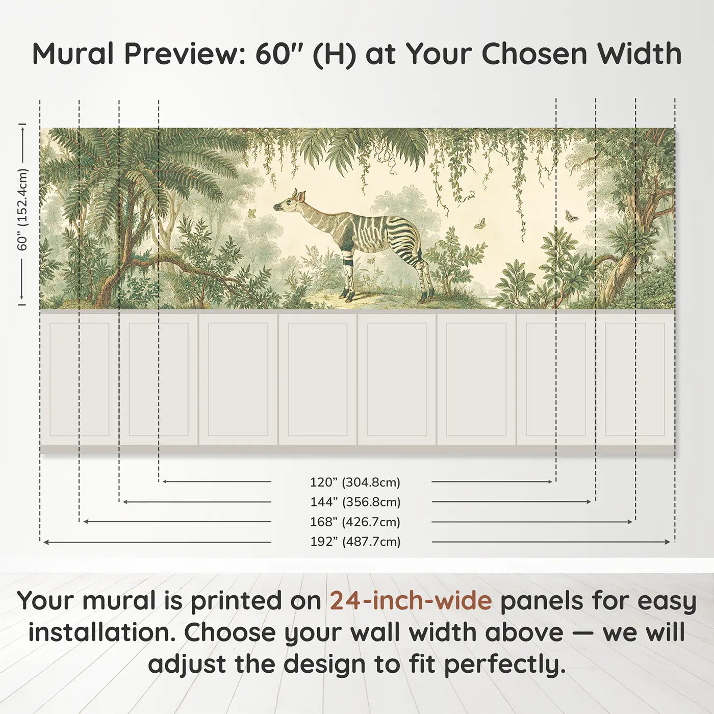Panel dimensions for Okapi Forest Botanical Wainscoting Wallpaper by Whimsy Tots