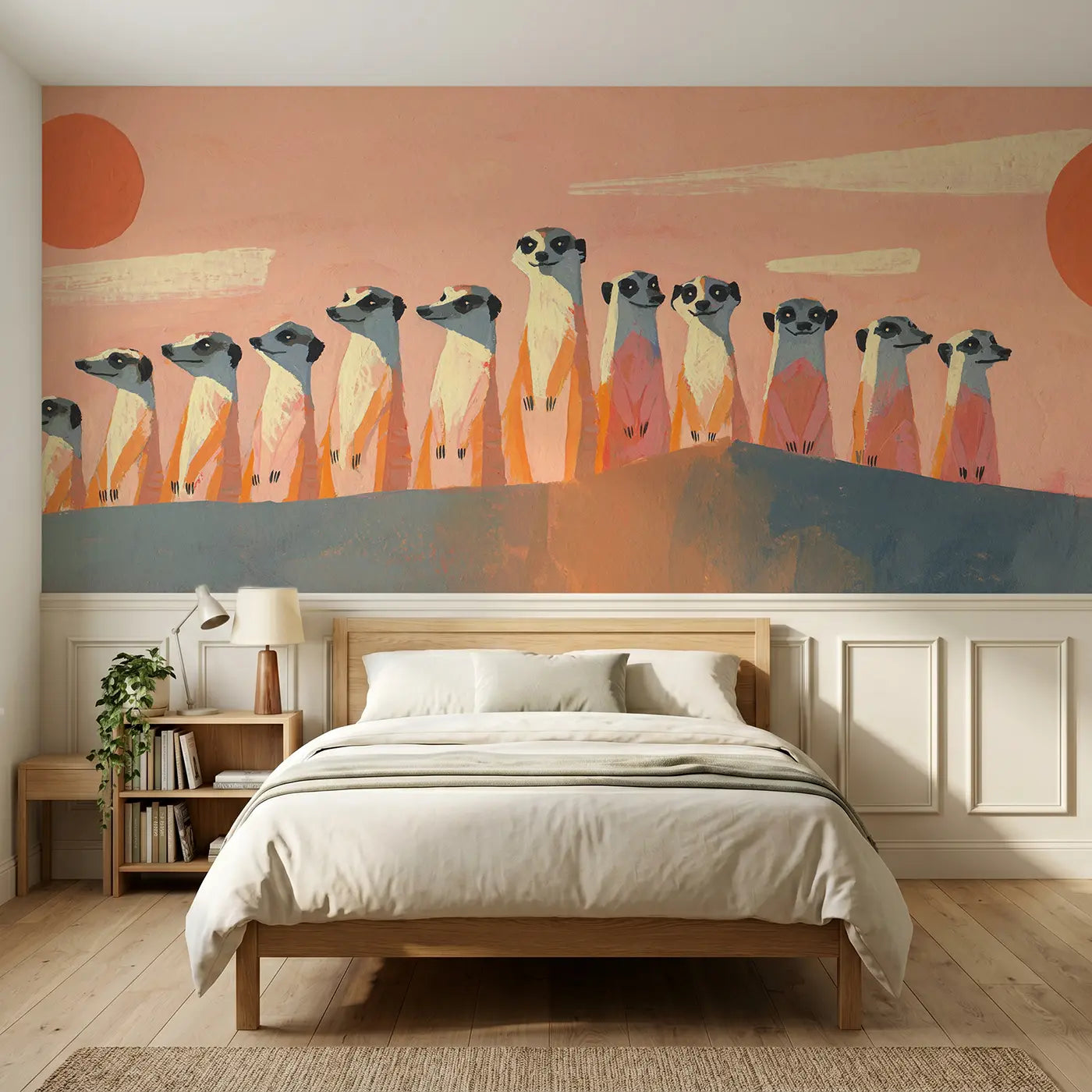 Modern Illustration meerkat desert row wainscoting wallpaper for bedroom by Whimsy Tots.