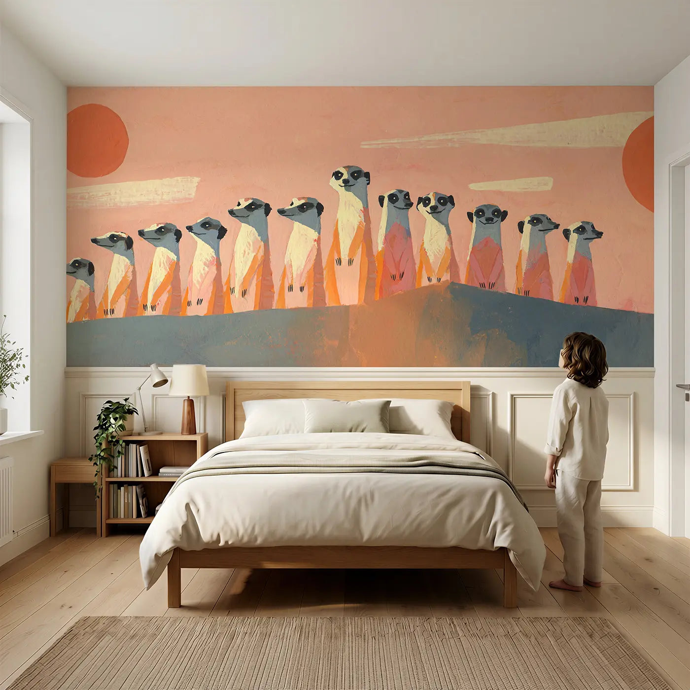 Child reading near Flat Meerkat Desert Row Wainscoting Wallpaper by Whimsy Tots