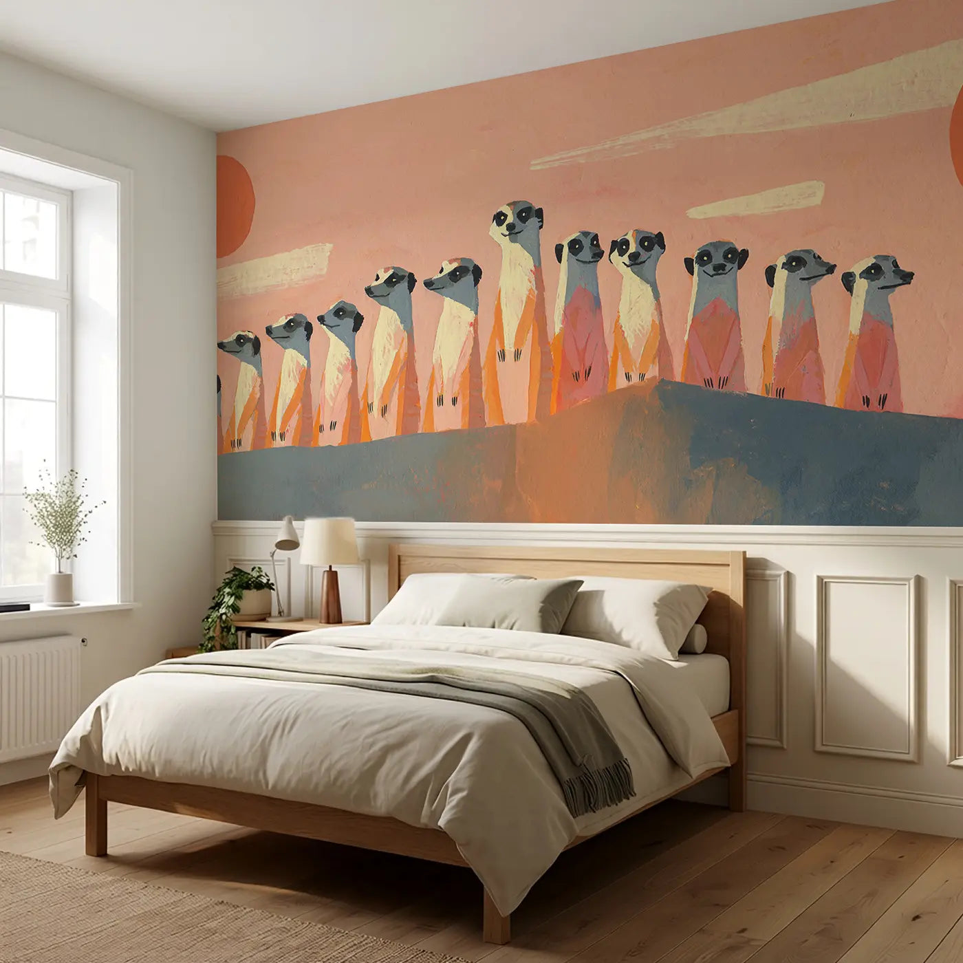Flat Meerkat Desert Row Wainscoting Wallpaper styled in a kids bedroom by Whimsy Tots