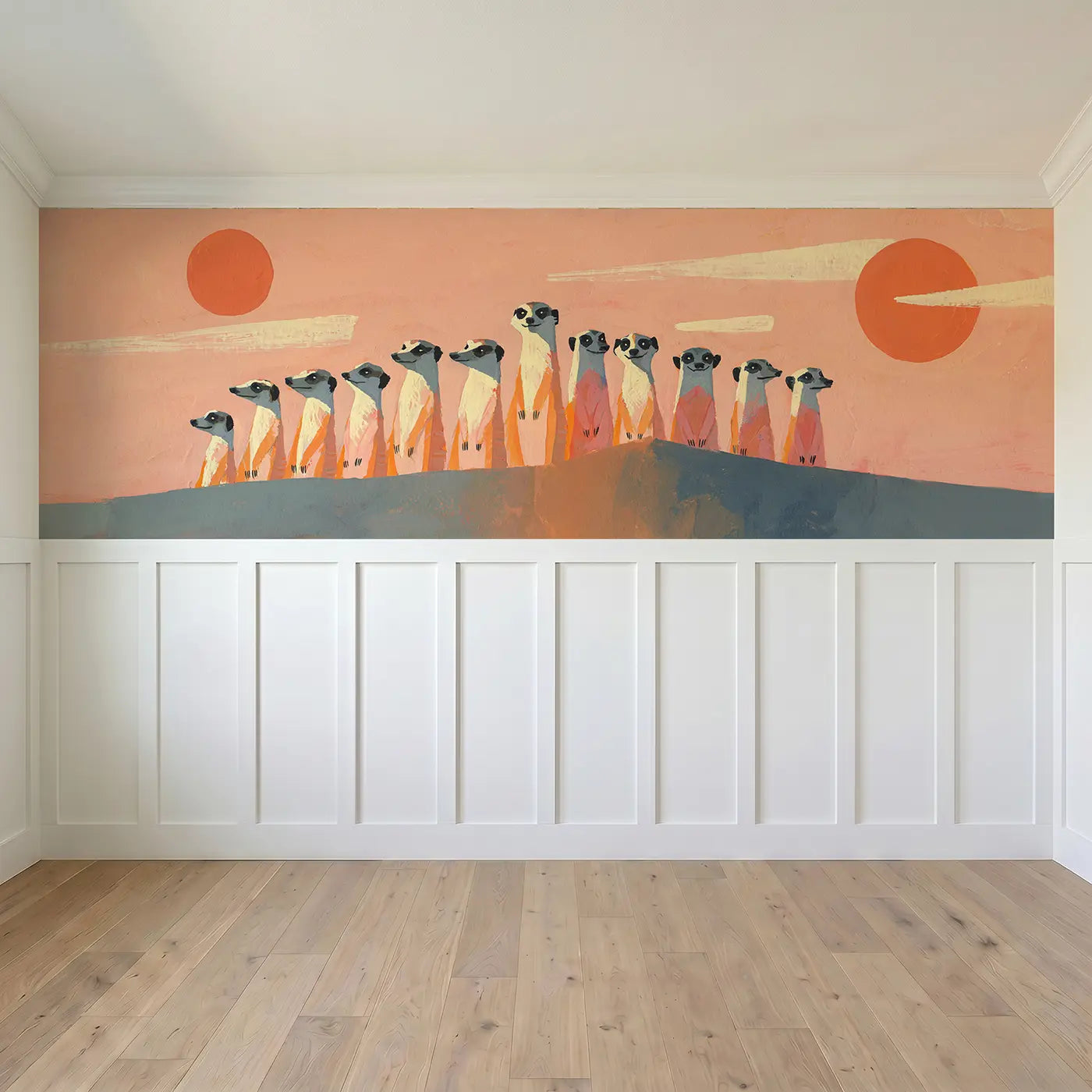 Full panel view of Flat Meerkat Desert Row Wainscoting Wallpaper by Whimsy Tots