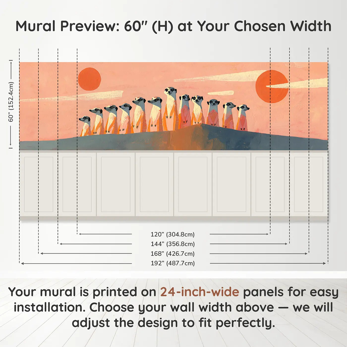 Panel dimensions for Flat Meerkat Desert Row Wainscoting Wallpaper by Whimsy Tots